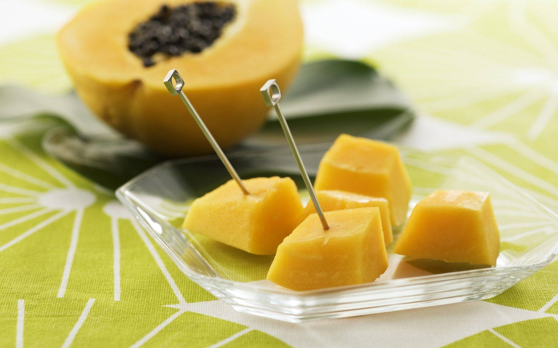 sliced papaya, fruit picks, black seeds, Full HD Desktop Wallpaper
