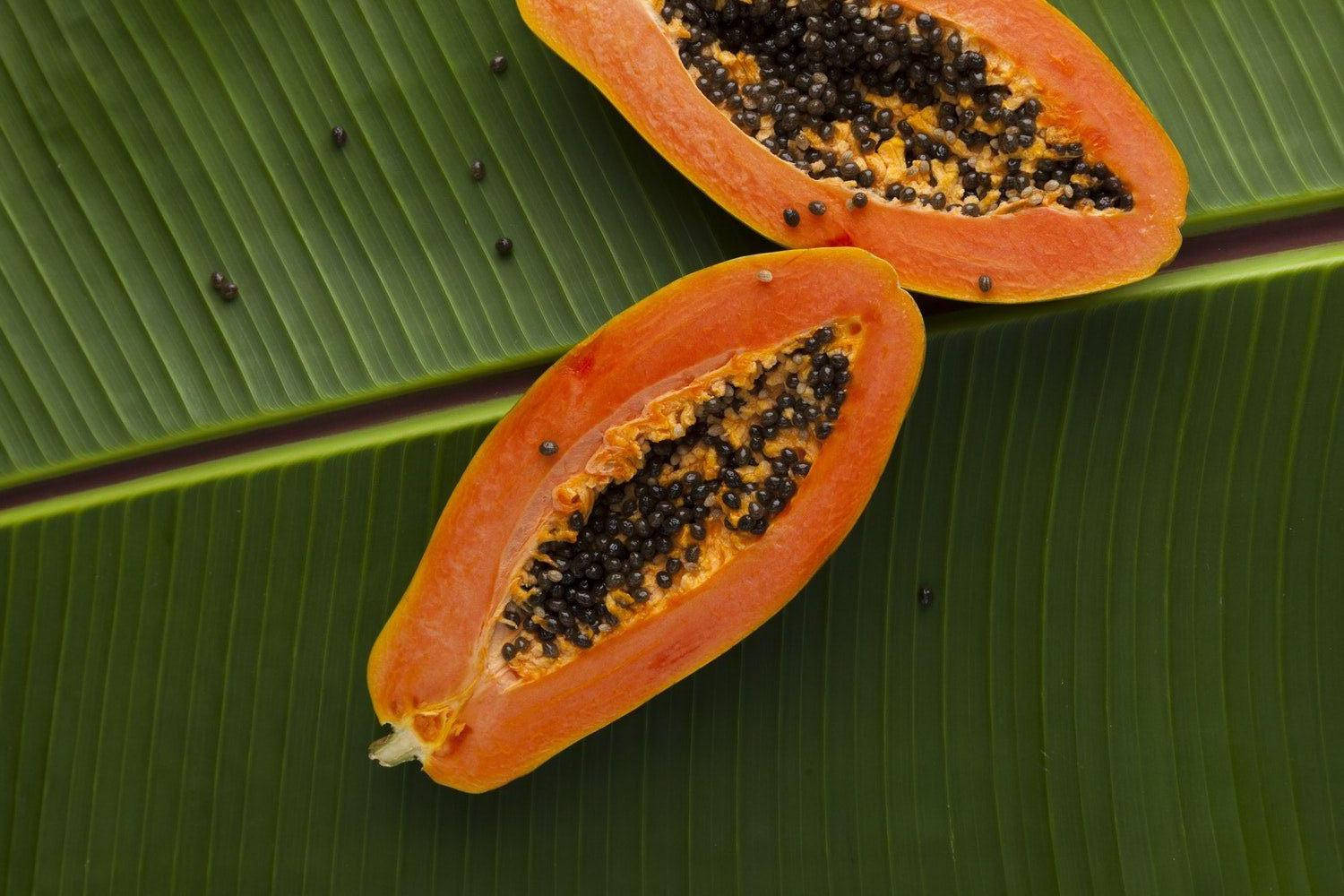 papaya fruits, banana leaf, black seeds, HD Desktop Wallpaper