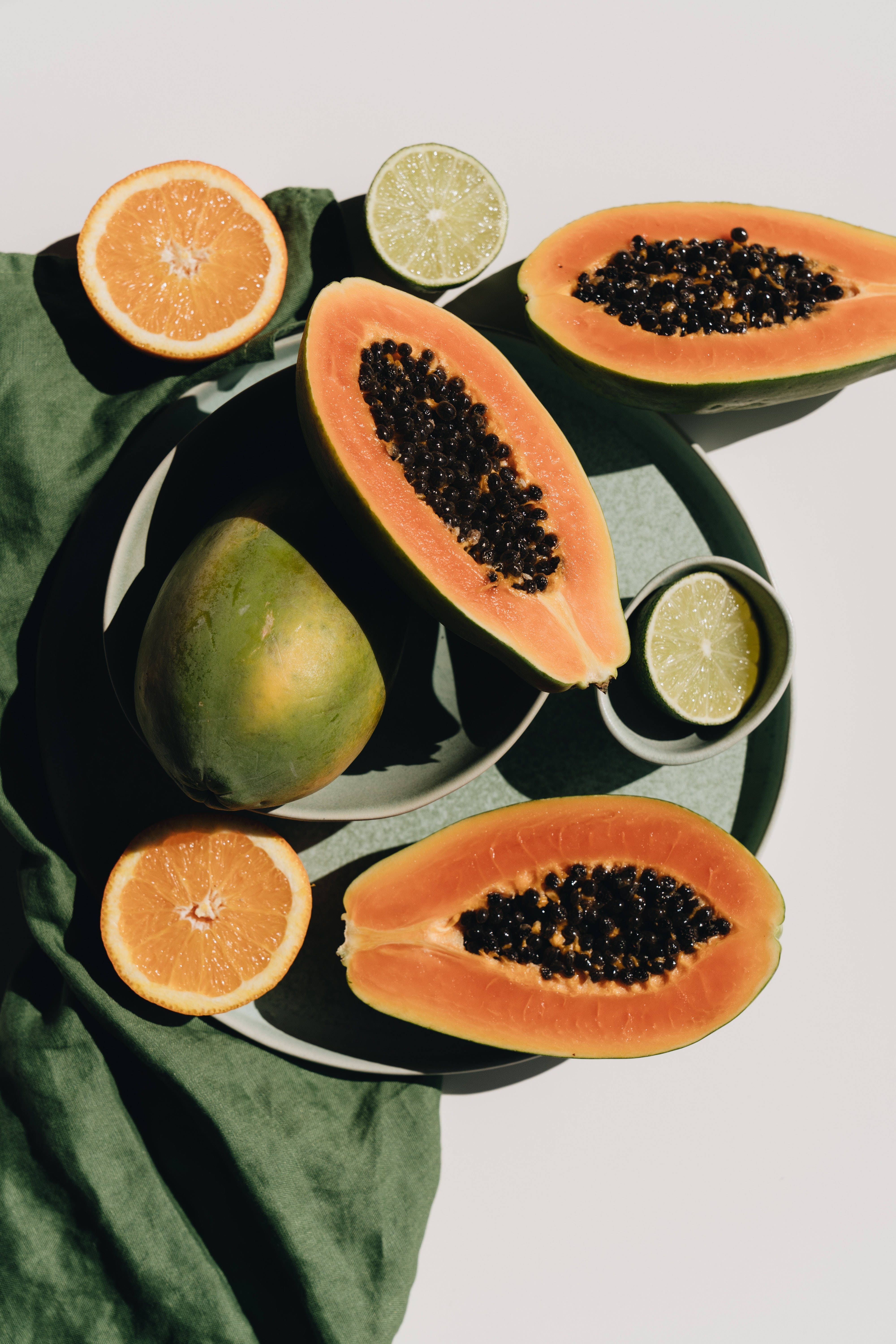 papaya, green cloth, oranges, 5K Phone Wallpaper