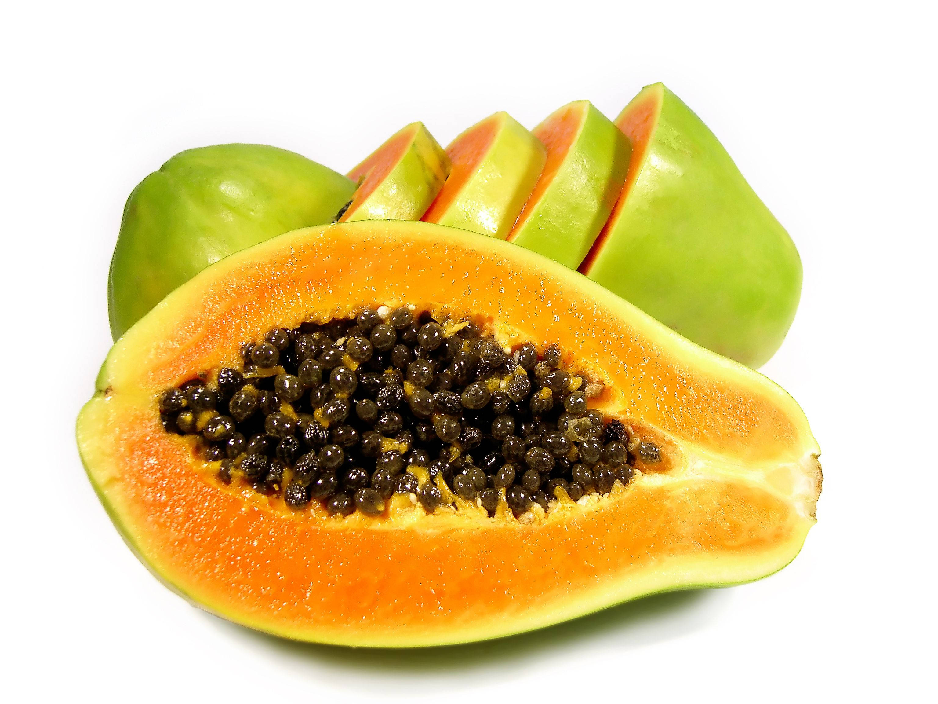 sliced papaya fruits, juicy orange flesh, black seeds, 2K Desktop Wallpaper