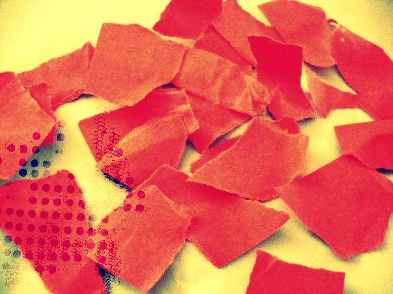 cut red paper texture, red paper fragments, pale yellow surface, SD Desktop Wallpaper