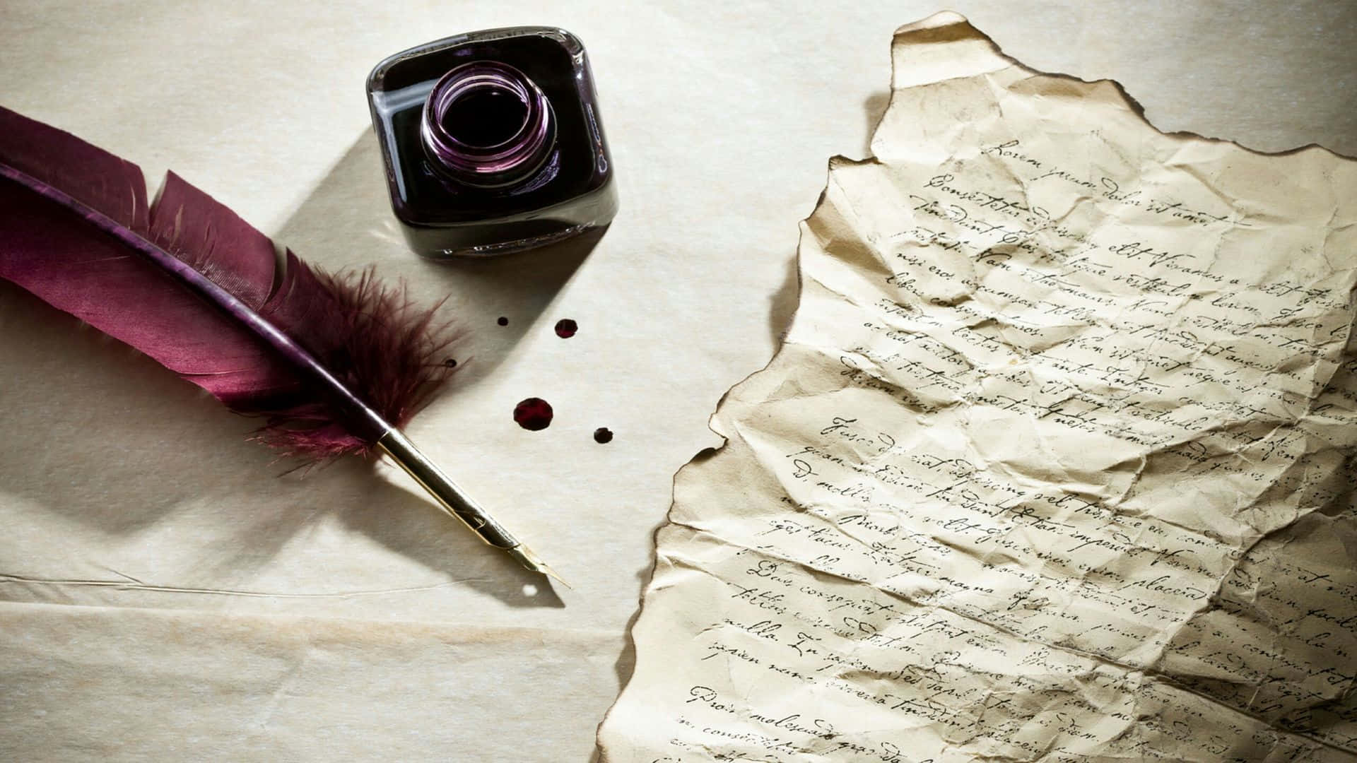 maroon quill, vintage feather quill, inkwell, Full HD Desktop Wallpaper