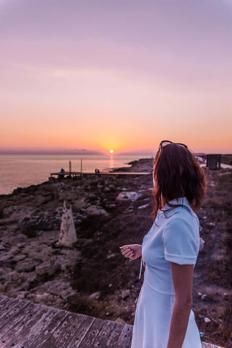 Paphos Beach, sunset, white dress, SD Phone Wallpaper