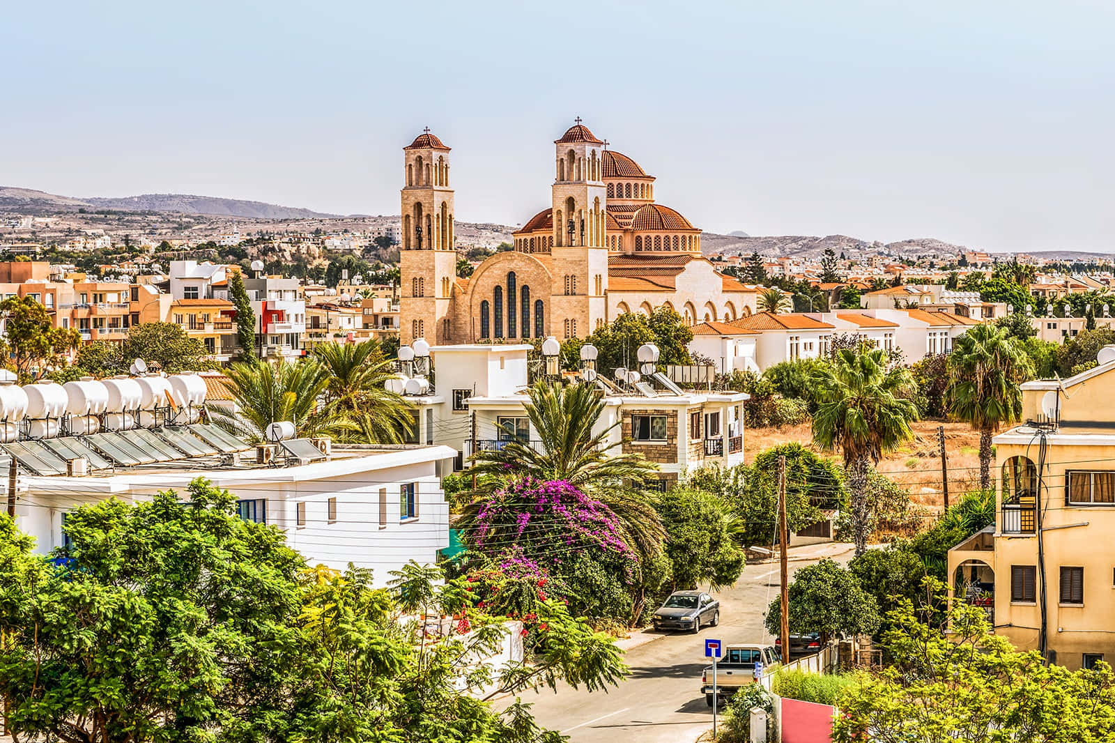 Paphos, Mediterranean town, domed church, HD Desktop Wallpaper