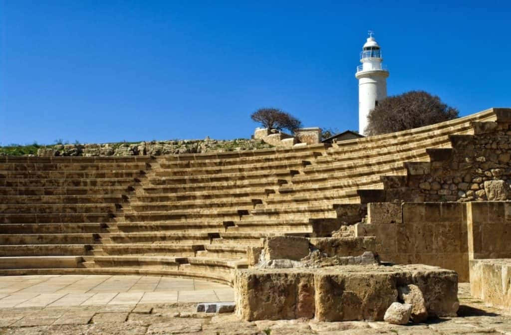 Paphos, ancient stone amphitheater, tiered seating, SD Desktop Wallpaper
