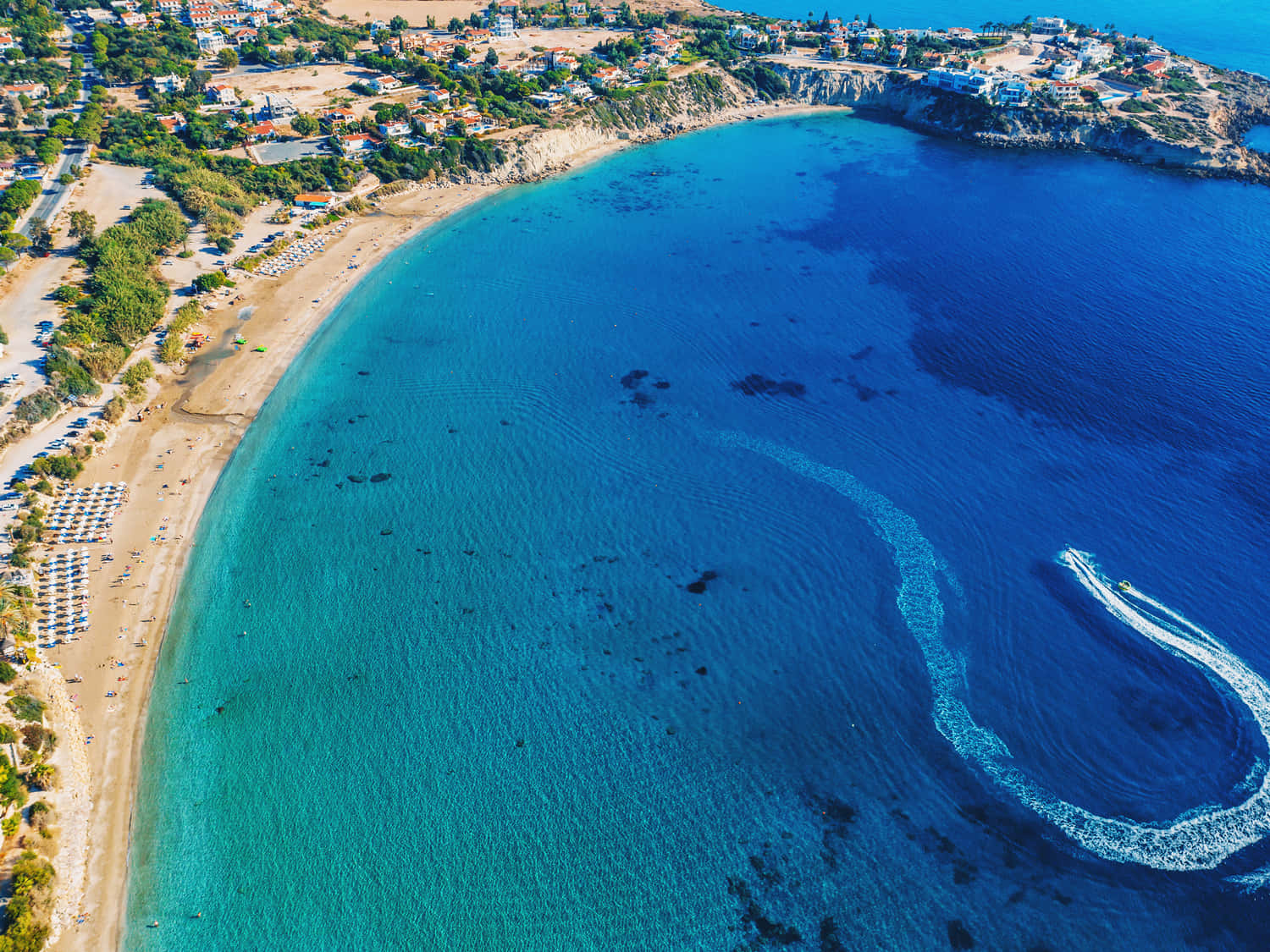 Paphos Beach, turquoise beach, speedboat, HD Desktop Wallpaper