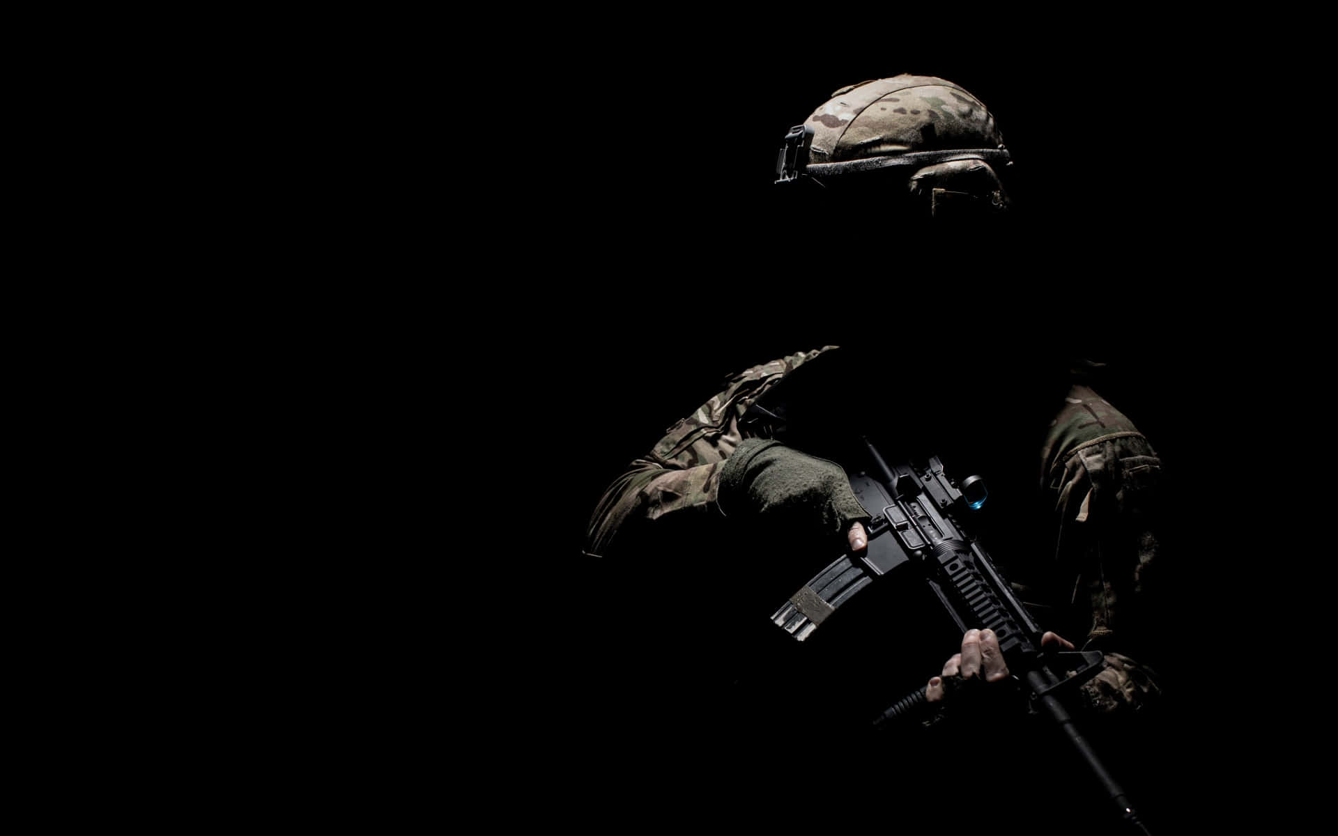 camouflage gear, rifle, pitch-black background, Full HD Desktop Wallpaper