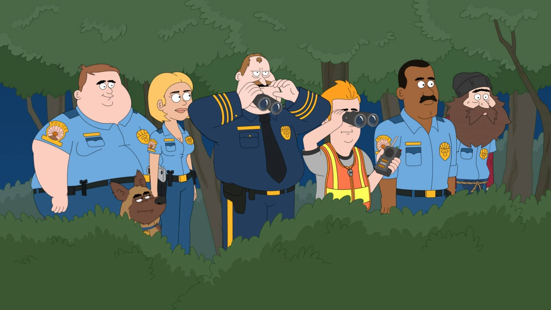 Paradise Pd, forest, cartoon police officers, Full HD Desktop Wallpaper