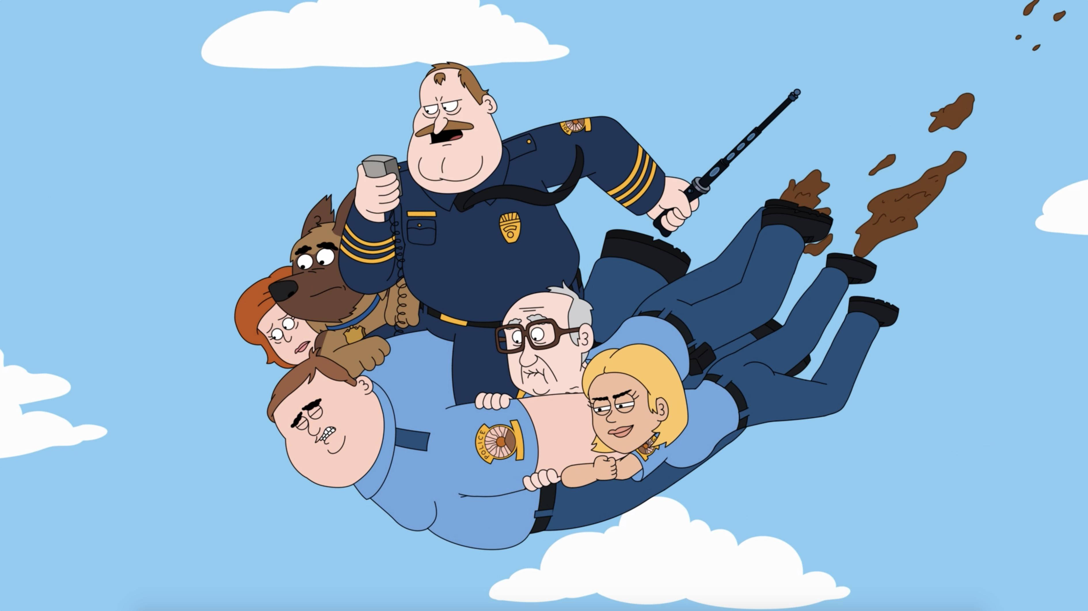 Paradise PD, police officers, bright blue sky, 2K Desktop Wallpaper