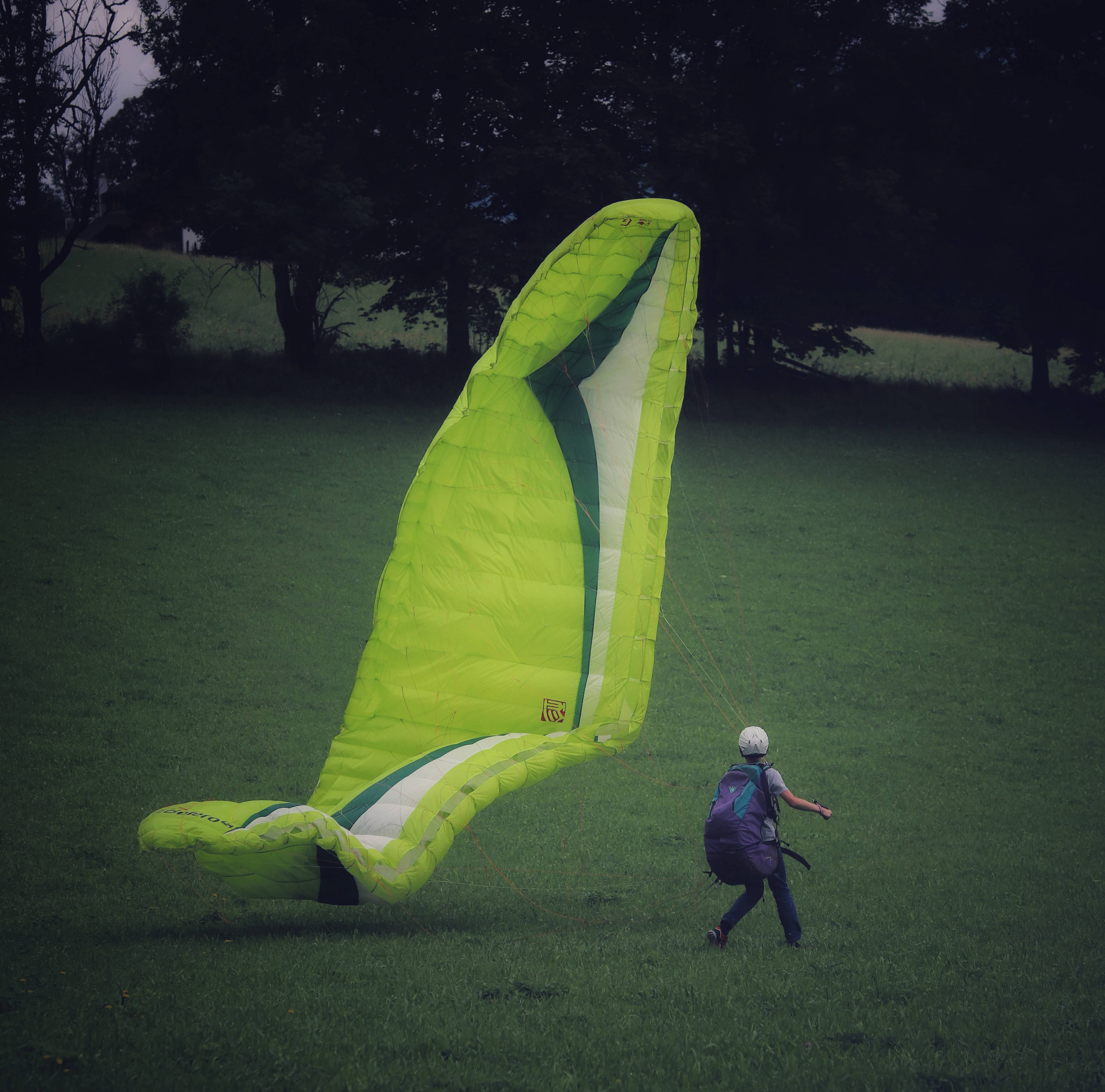 paragliding, bright lime green paraglider kite, grassy field, 4K Desktop Wallpaper