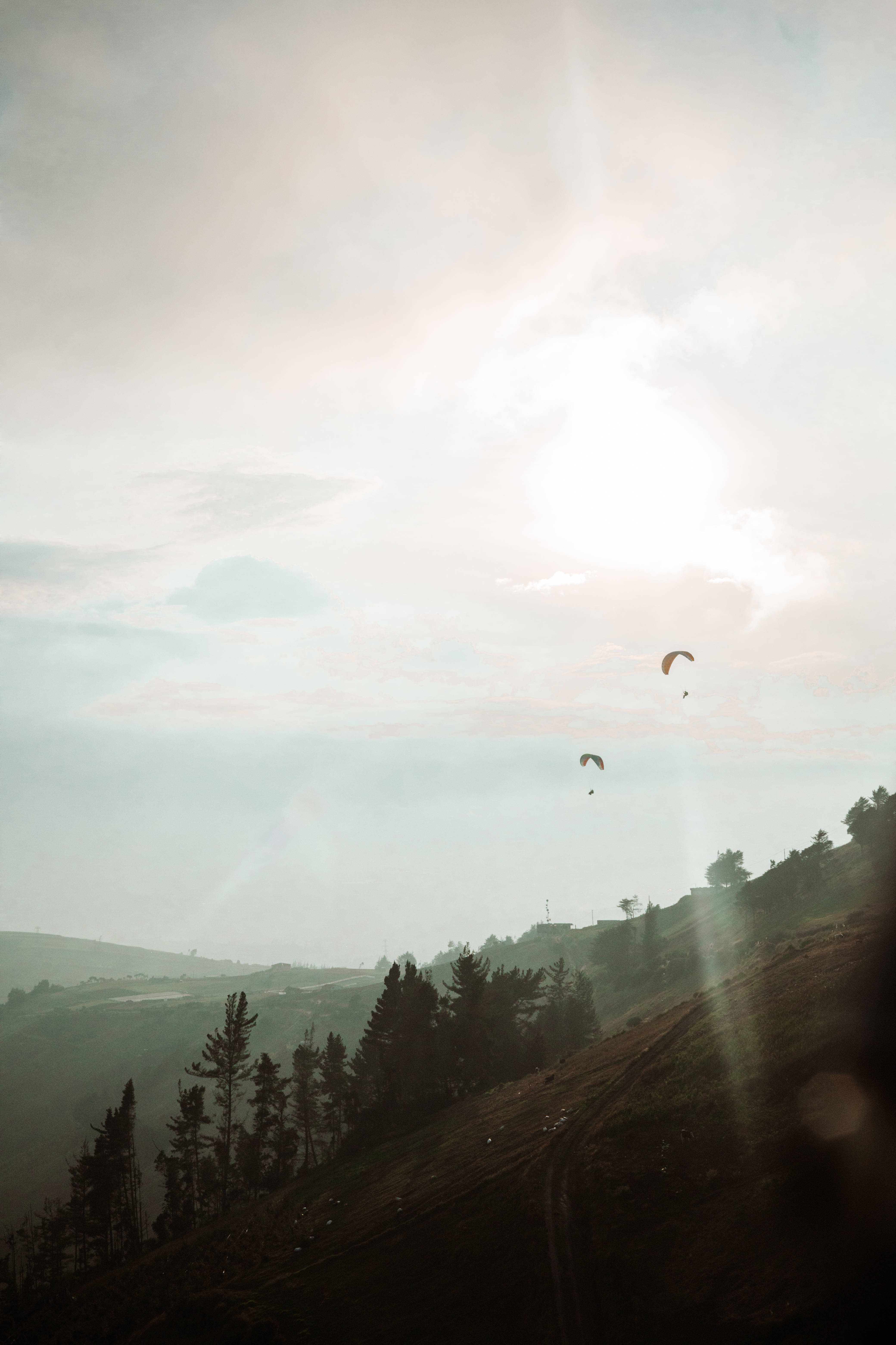 paragliders, mountain ridge, misty, 5K Phone Wallpaper