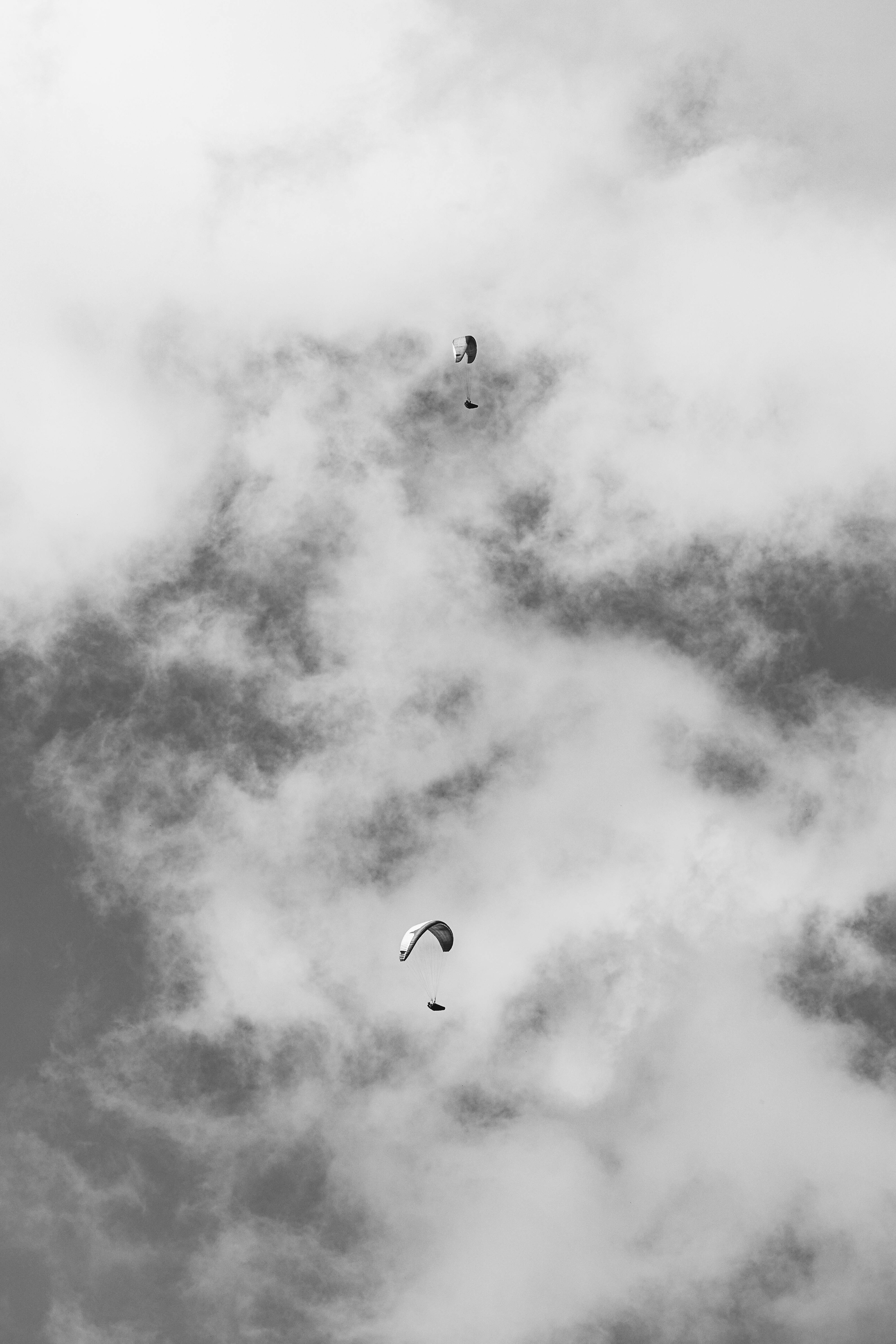 paragliding, black and white, monochrome sky, 5K Phone Wallpaper