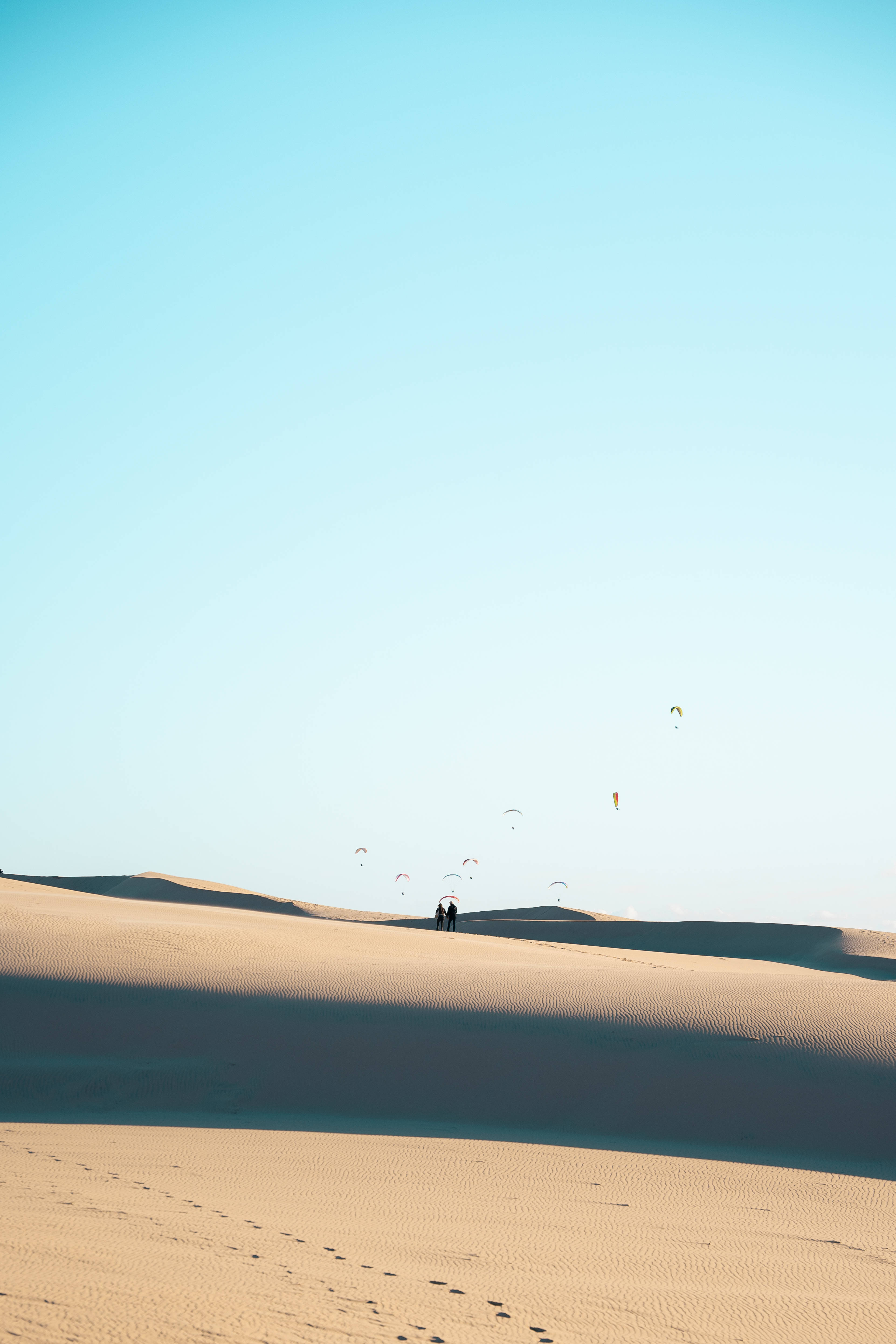 paragliding, golden sand dunes, clear blue sky, 4K Phone Wallpaper