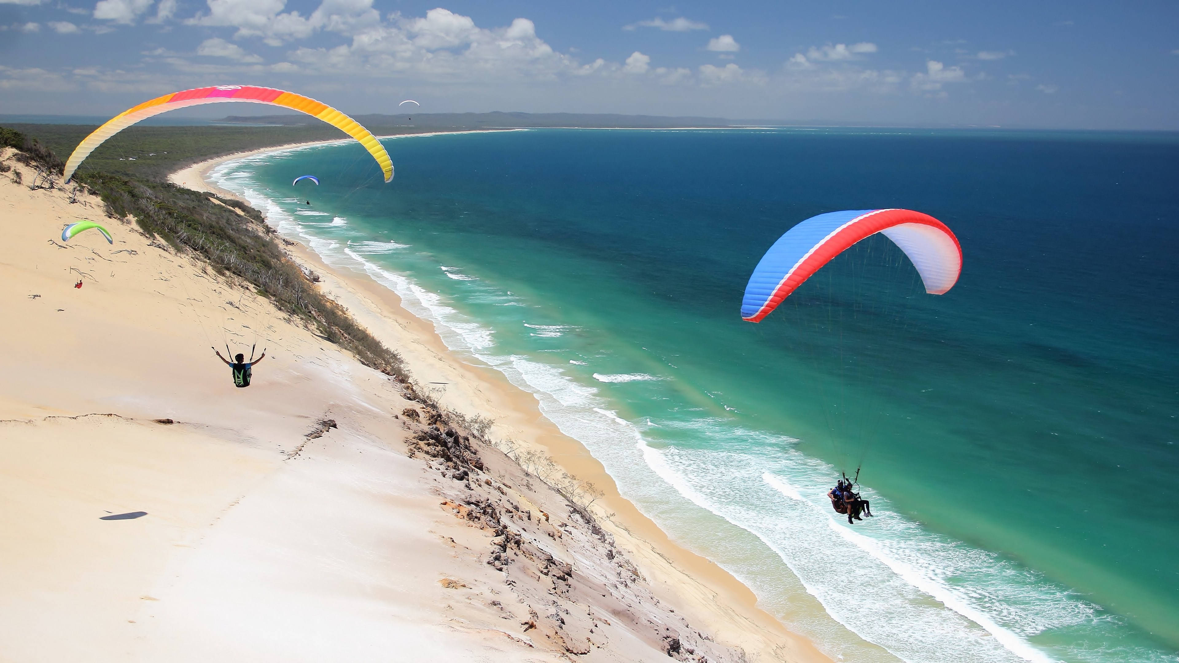 paragliding, beach scenery, turquoise waters, 4K Desktop Wallpaper