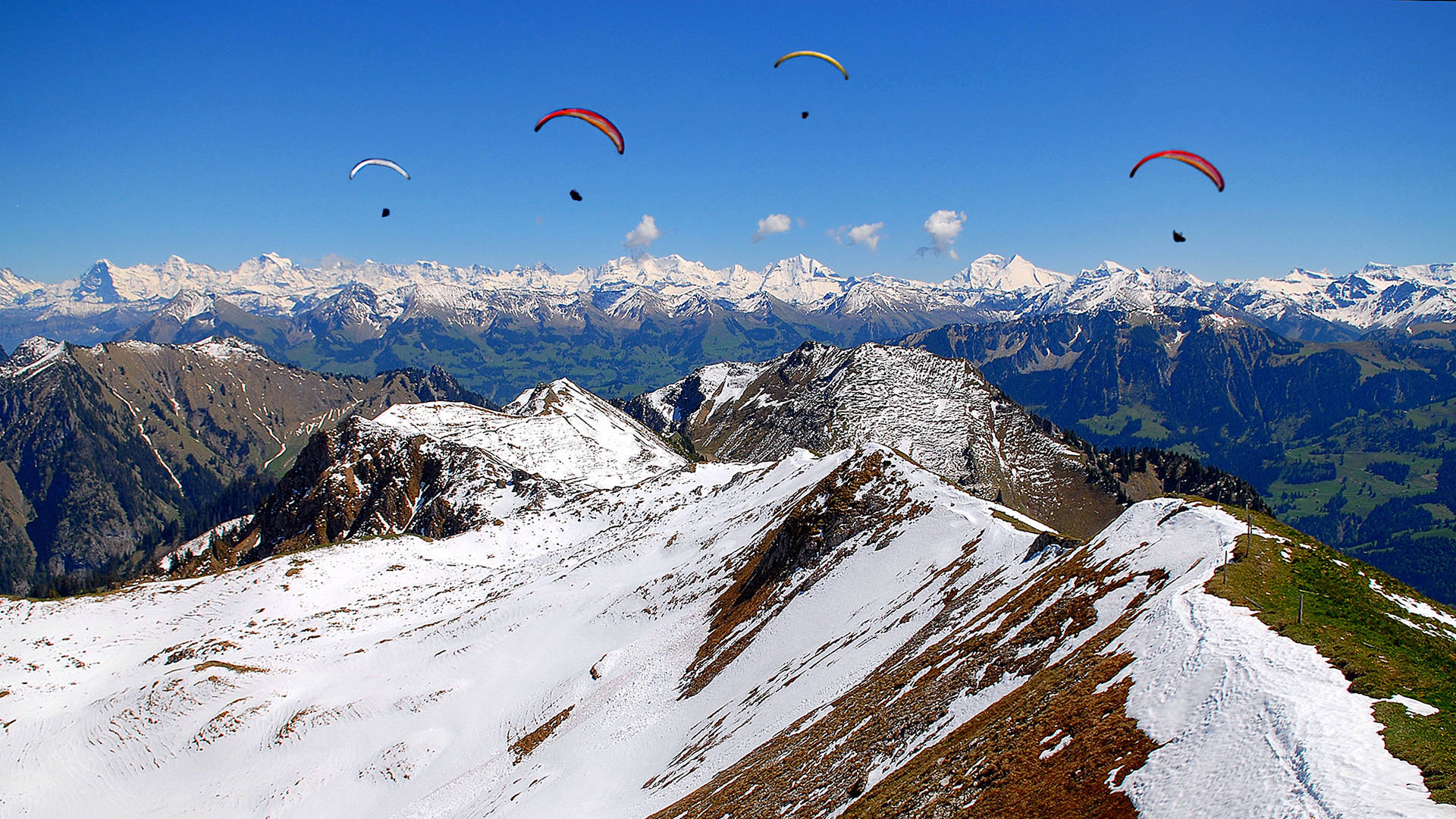 paragliding, snow mountains, snow-dusted mountain peaks, Full HD Desktop Wallpaper
