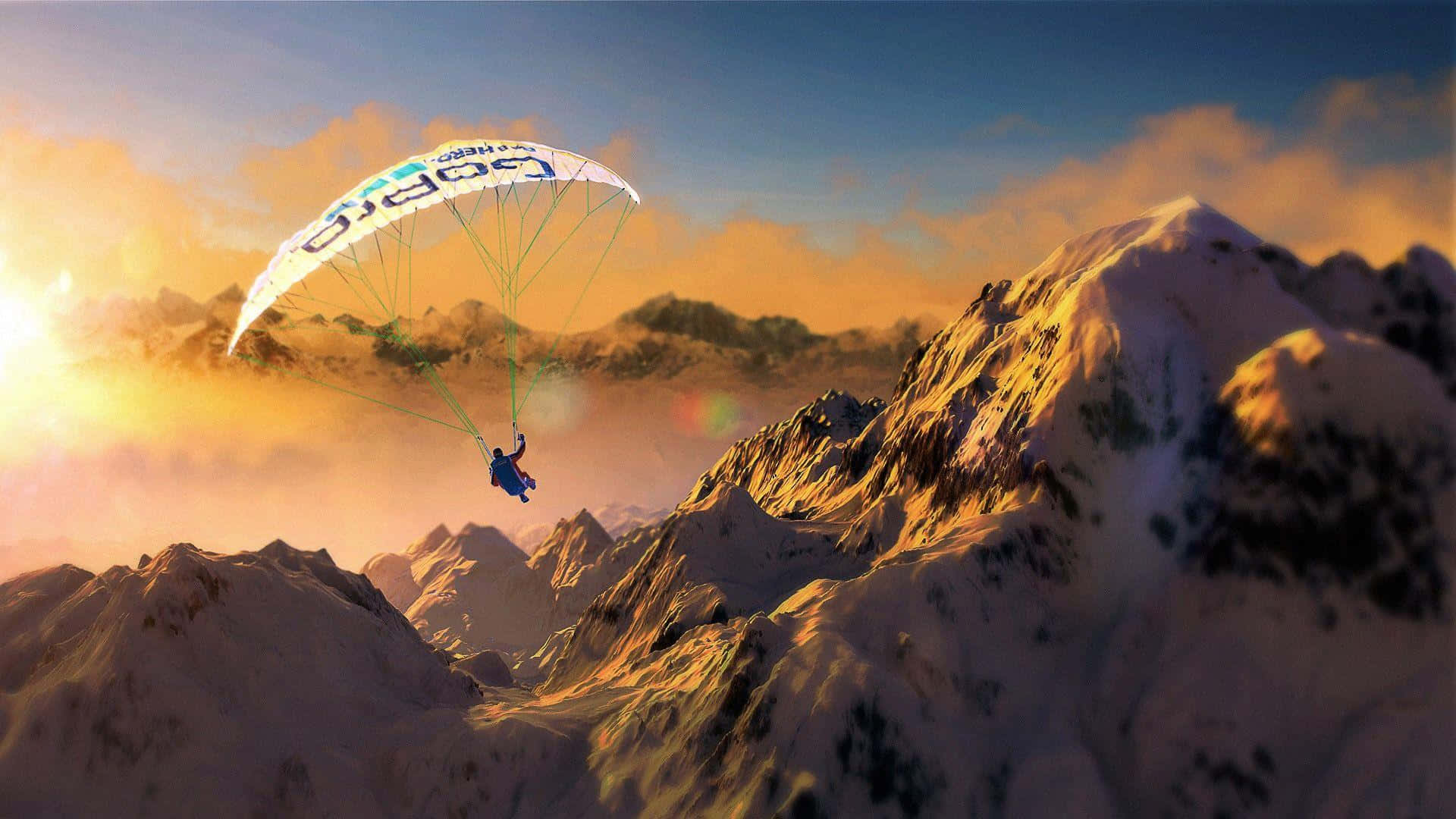 steep mountain, paraglider, snowcapped mountains, Full HD Desktop Wallpaper
