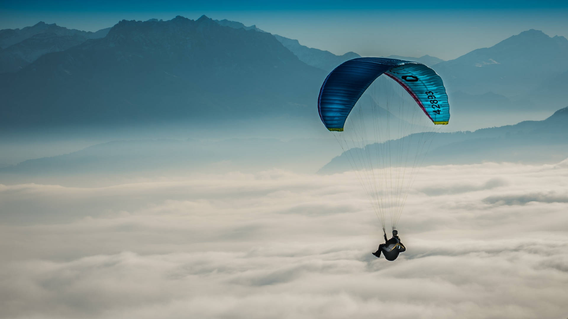 paragliding, thick clouds, mountains, Full HD Desktop Wallpaper