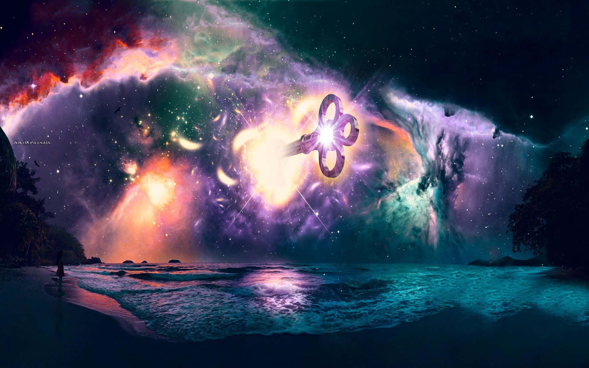 cosmic nebula, vibrant purples oranges and greens, dark beach, Full HD Desktop Wallpaper