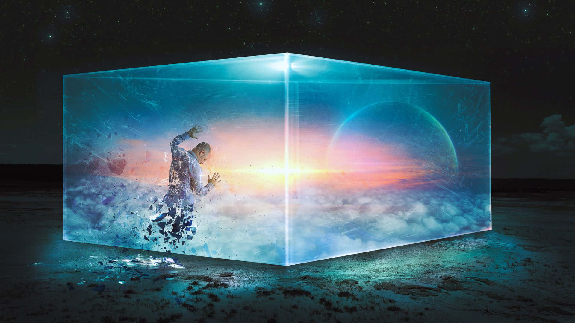 glowing blue cube, figure dissolving into particles, cosmic sunset backdrop, Full HD Desktop Wallpaper