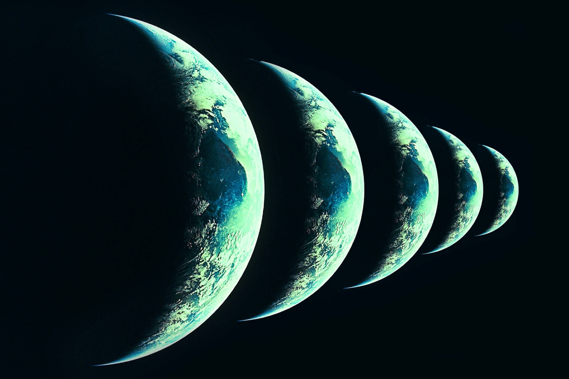 multiverse, crescent Earths, teal oceans, Full HD Desktop Wallpaper