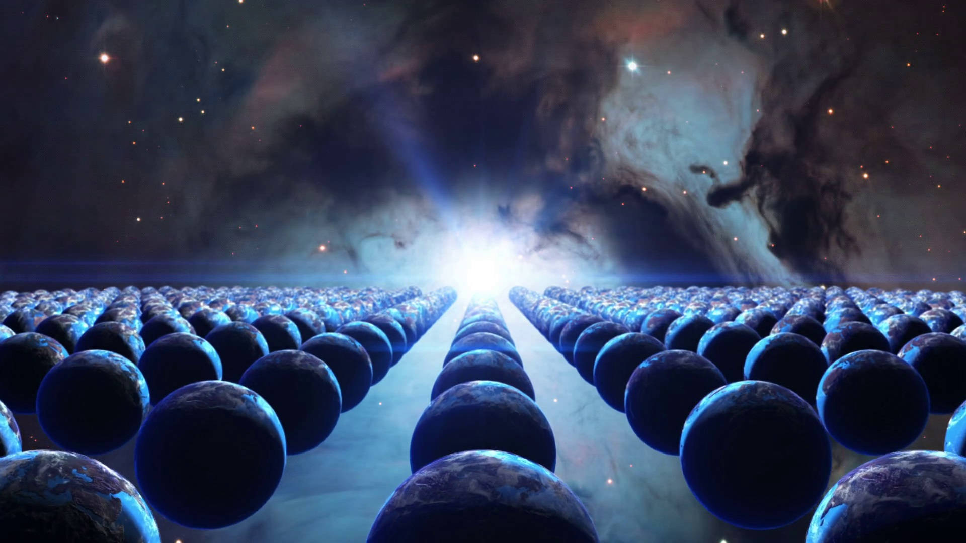 glowing blue spheres, radiant cosmic light, starry nebula backdrop, Full HD Desktop Wallpaper