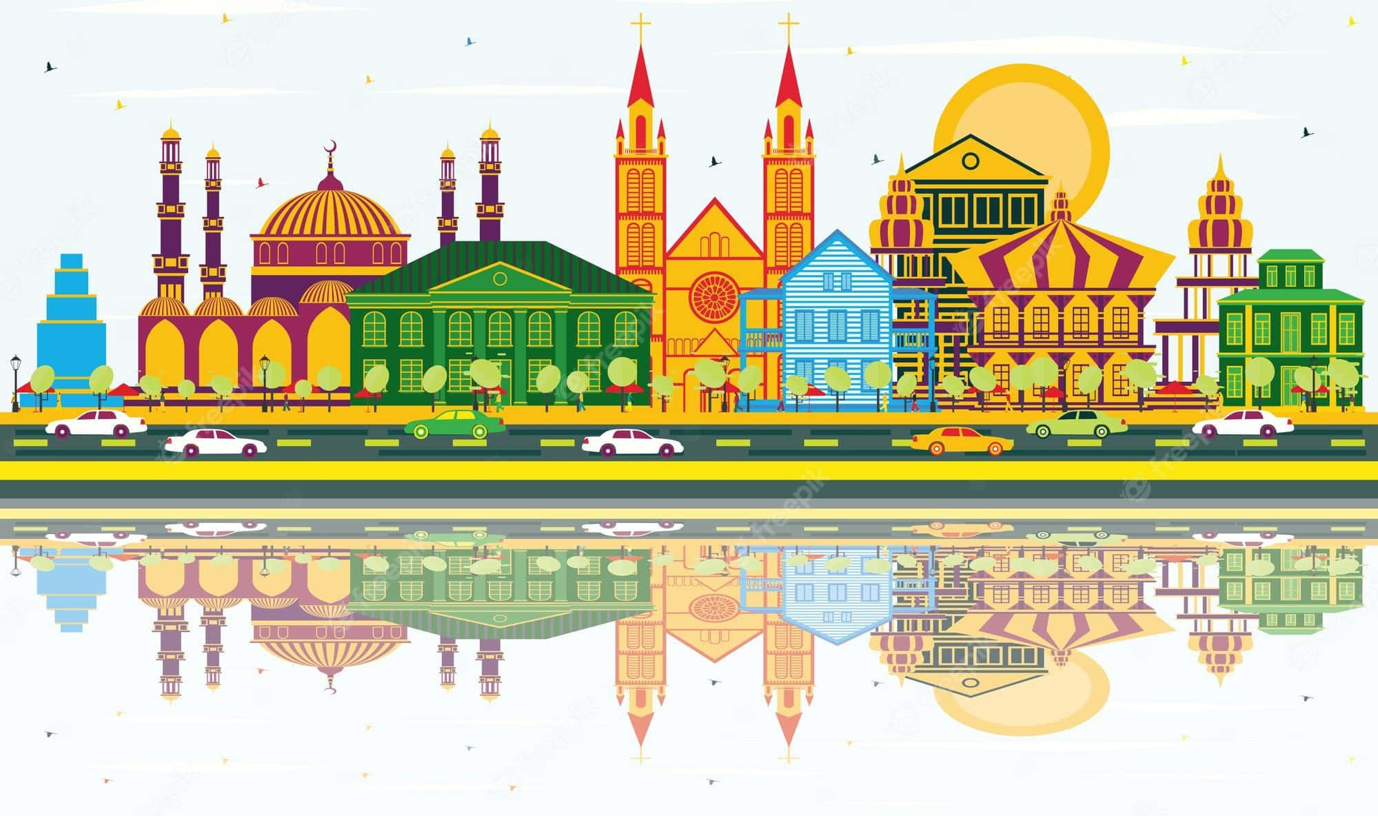Paramaribo, skyline, vibrant flat illustration, Full HD Desktop Wallpaper