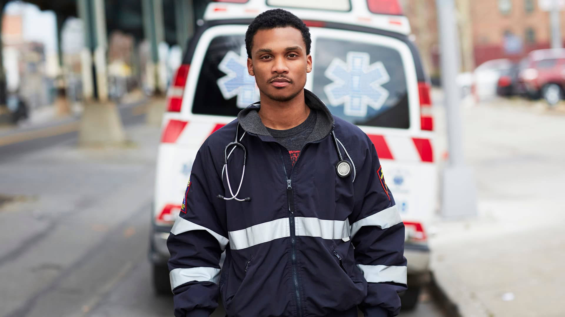Paramedic Man, navy jacket, reflective stripes, Full HD Desktop Wallpaper