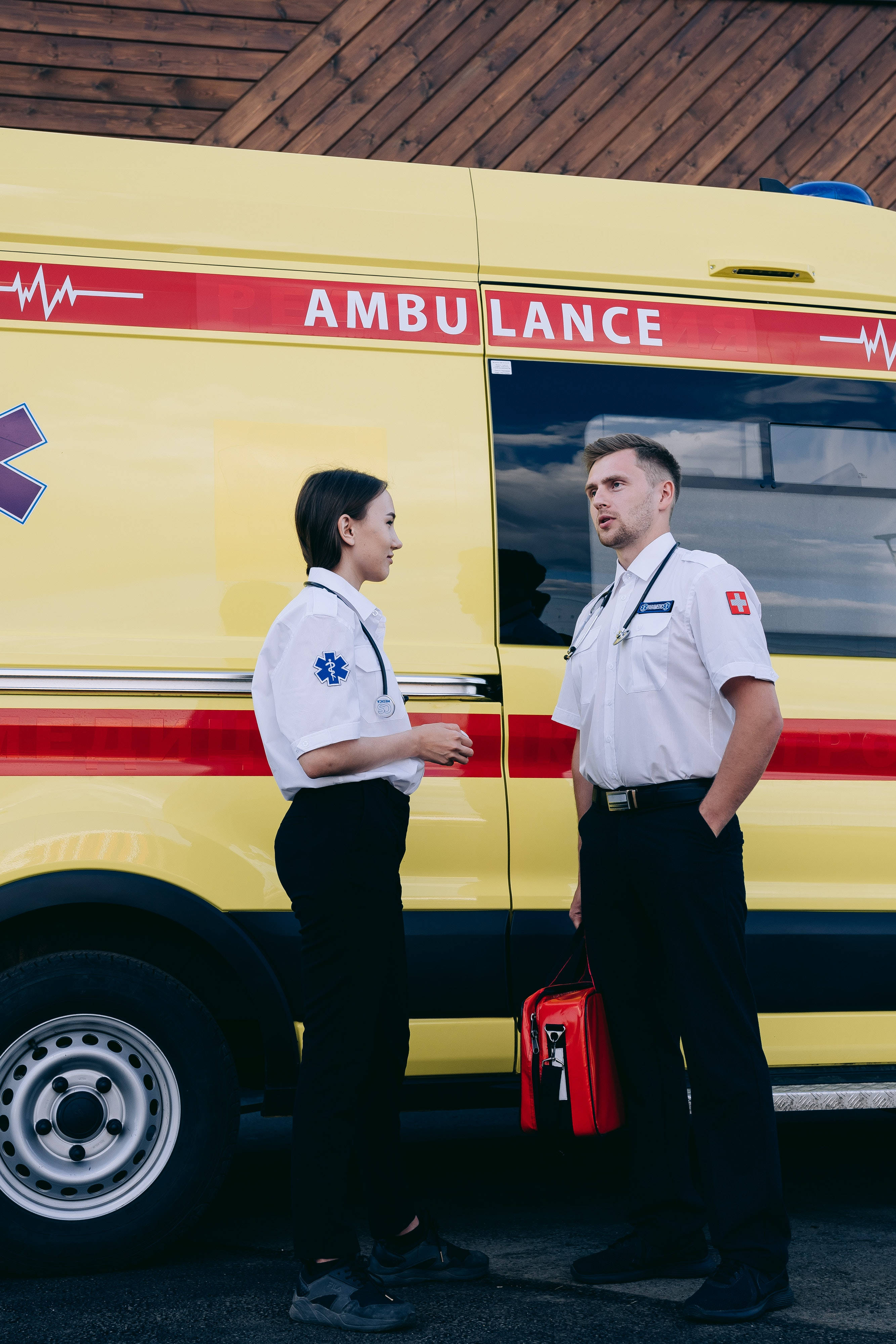 paramedic, yellow ambulance, red stripes, 4K Phone Wallpaper