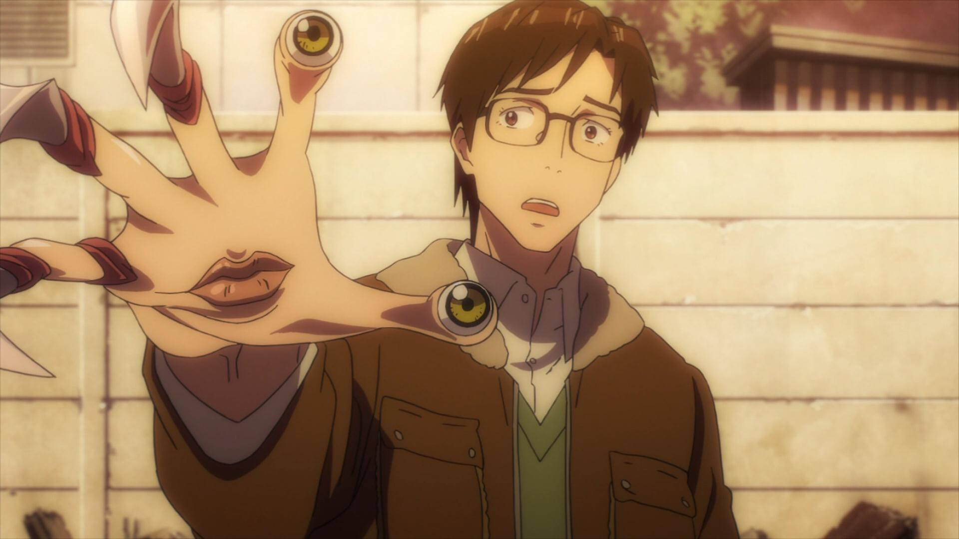 Parasyte, anime boy with glasses, grotesque hand with eyes and lips on its fingers, Full HD Desktop Wallpaper