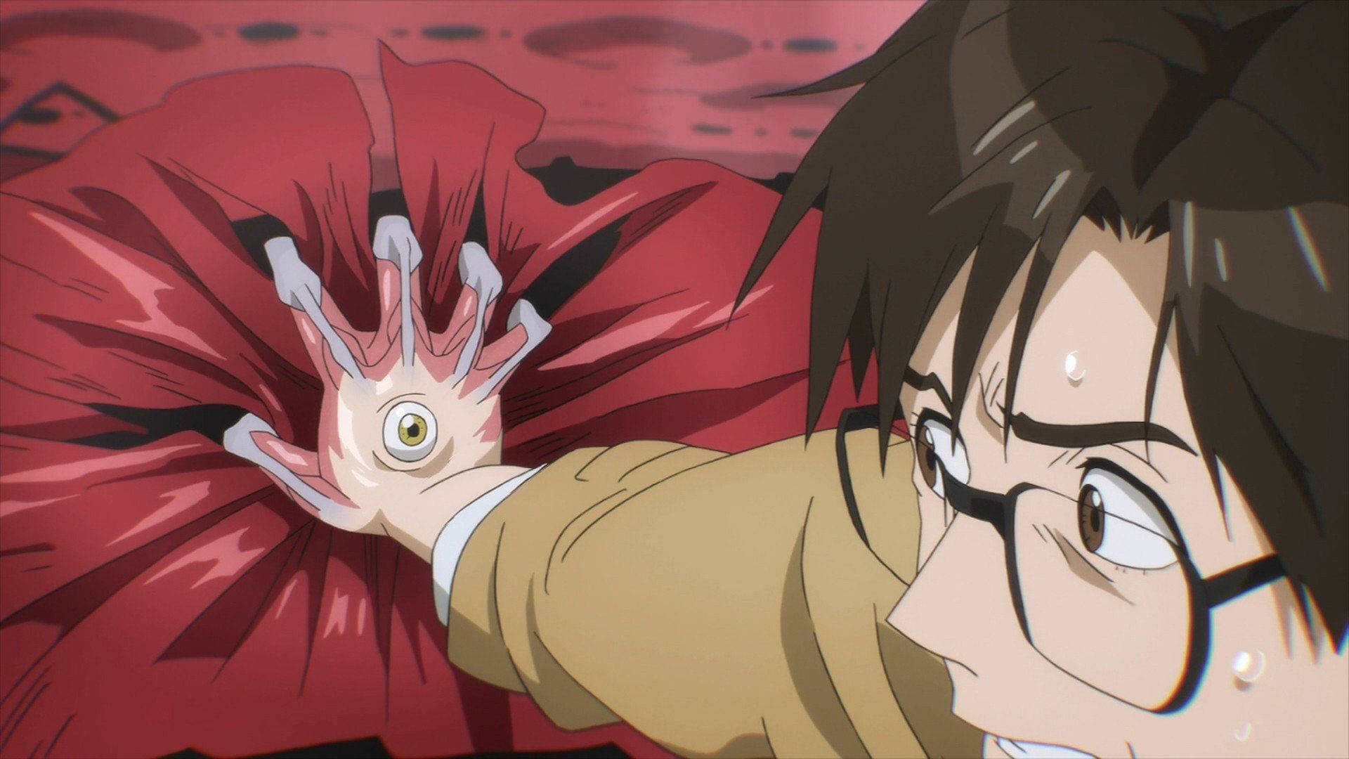 Parasyte, bloody ground, young man with glasses, Full HD Desktop Wallpaper
