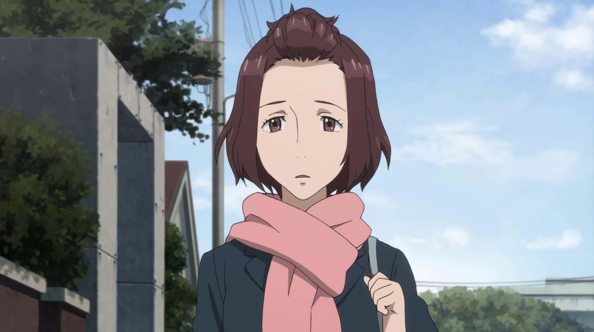 Parasyte Satomi Murano, short brown hair, pink scarf, Full HD Desktop Wallpaper