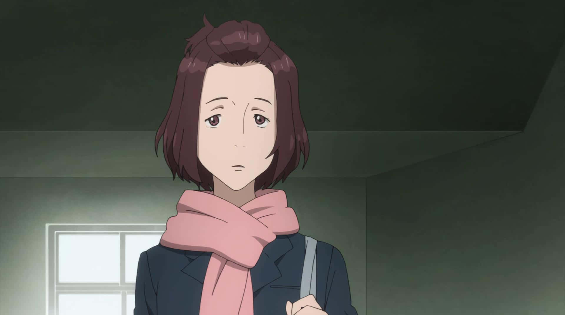 Parasyte Satomi Murano, short brown hair, pink scarf, Full HD Desktop Wallpaper