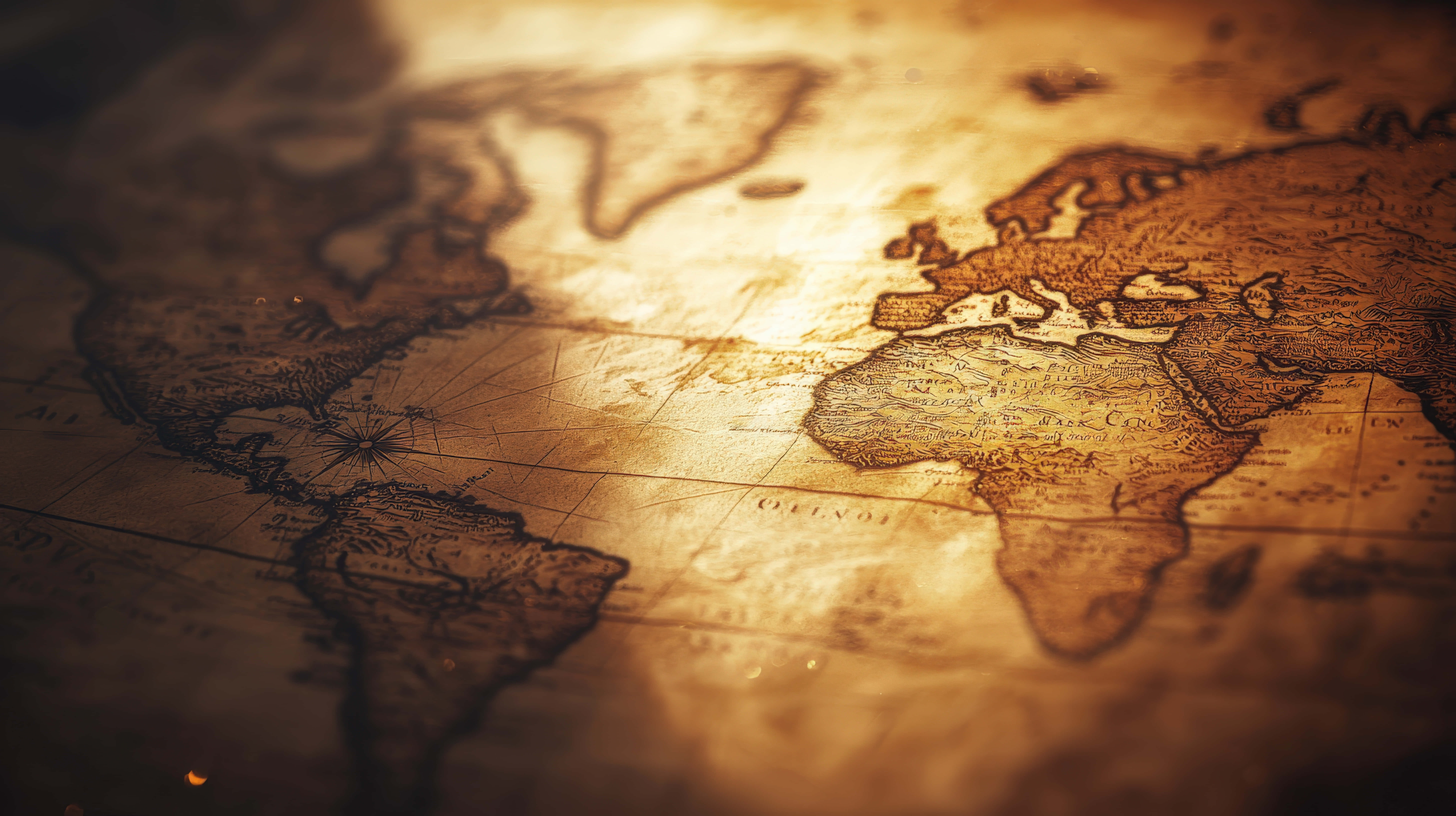 aged world map, intricate details, warm golden light, 8K Desktop Wallpaper