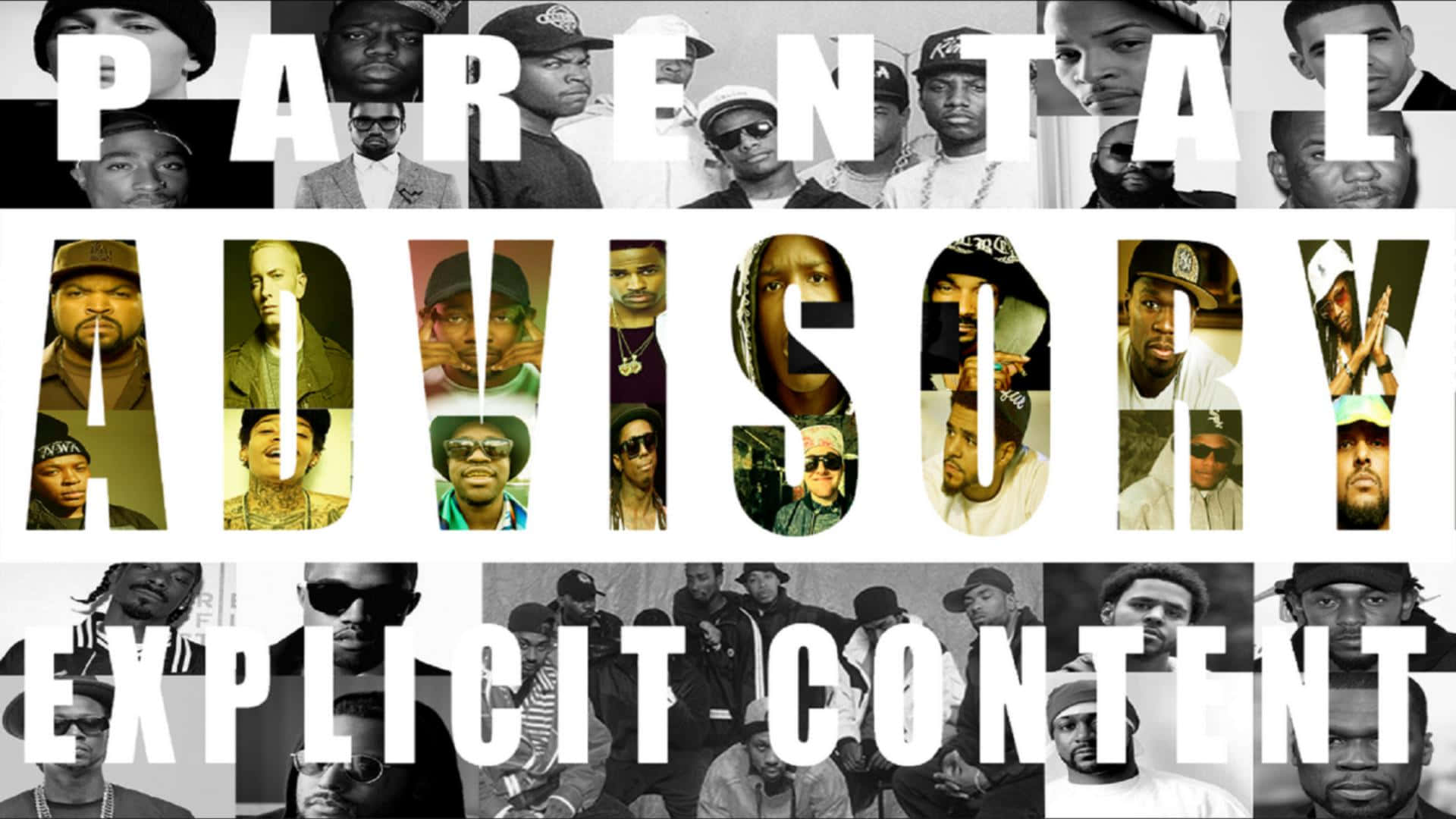 Parental Advisory, white text, black and white rapper portraits, Full HD Desktop Wallpaper