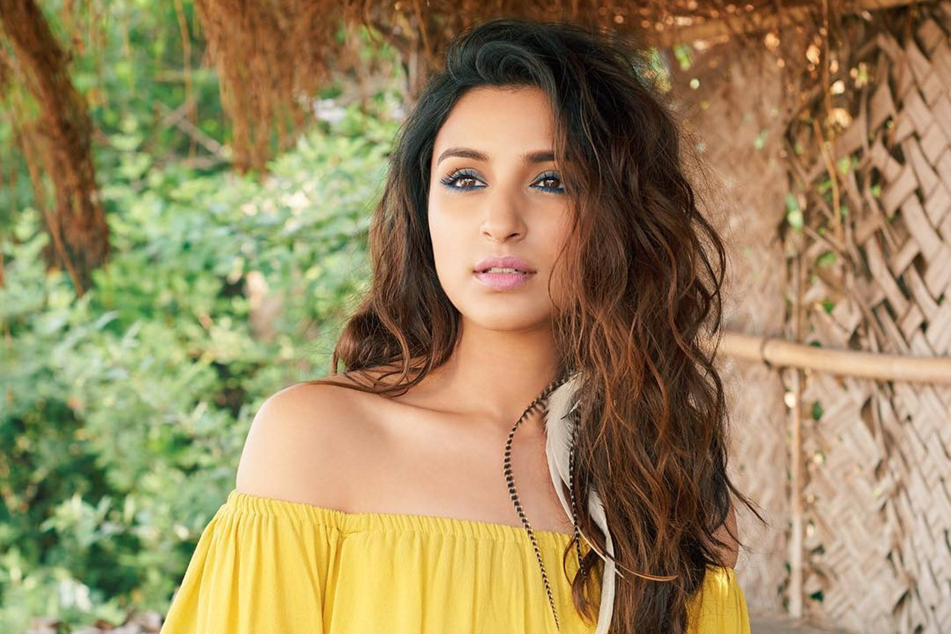 Parineeti Chopra, yellow off-shoulder top, long wavy hair, Full HD Desktop Wallpaper