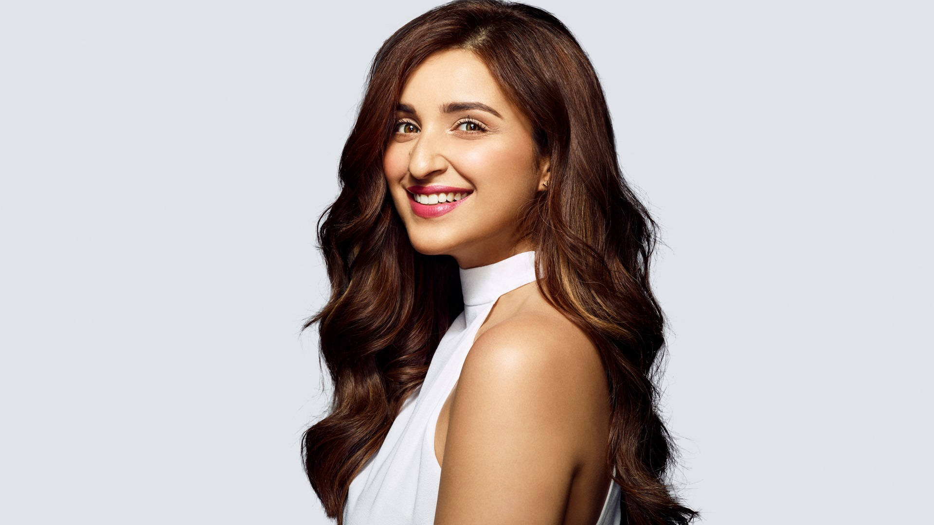 Parineeti Chopra, white halter top, long wavy brown hair, Full HD Desktop Wallpaper