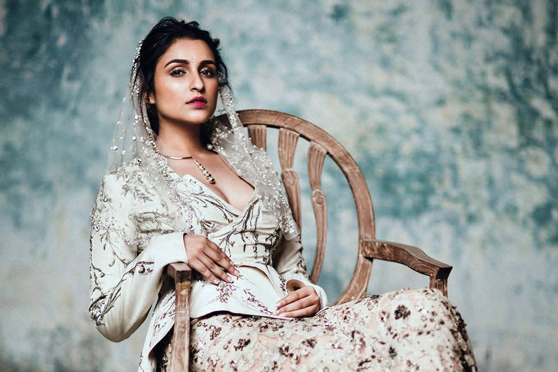 Parineeti Chopra, ornate cream lehenga with floral embroidery, wooden chair, Full HD Desktop Wallpaper