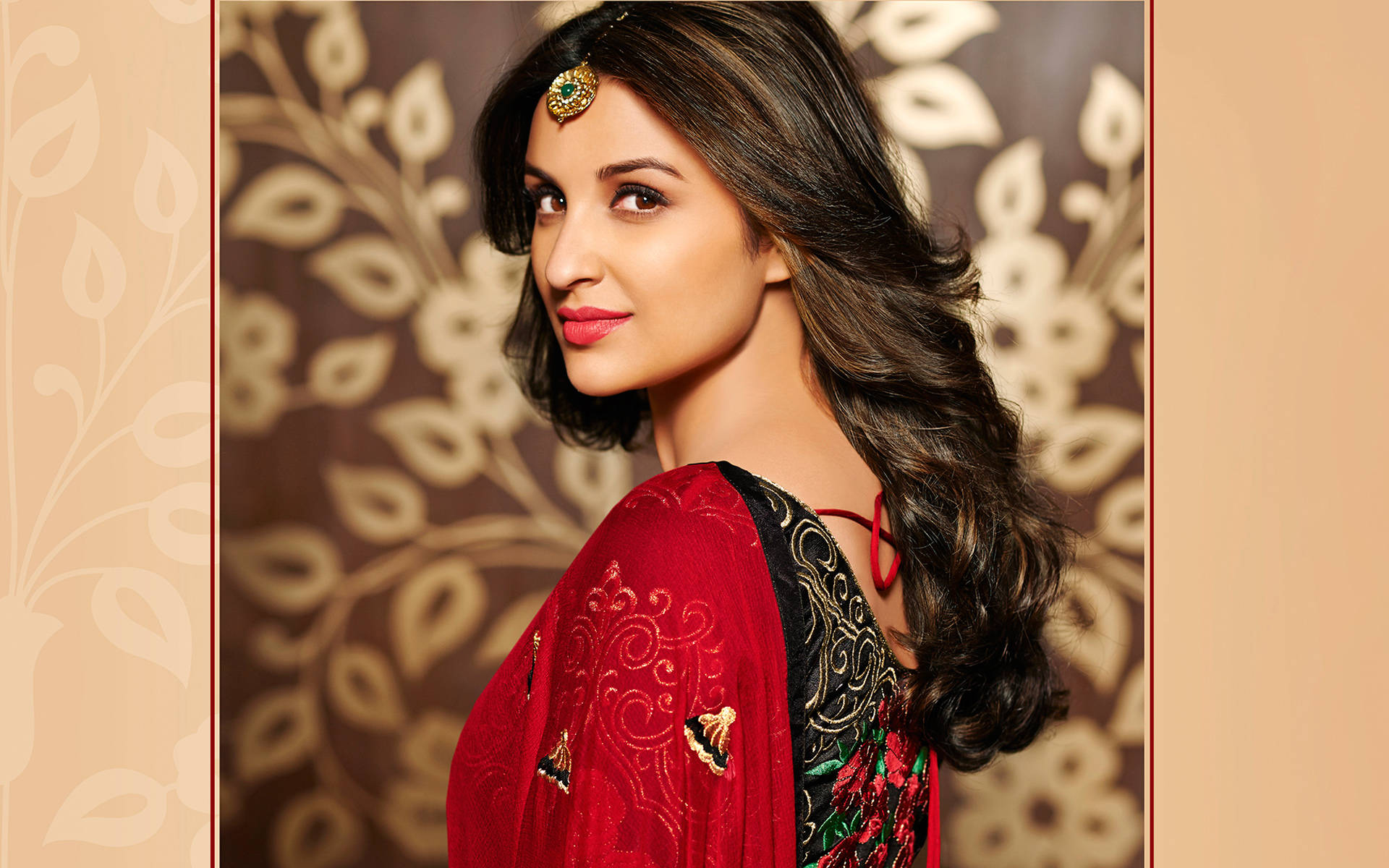 Parineeti Chopra, red embroidered outfit, gold headpiece, Full HD Desktop Wallpaper