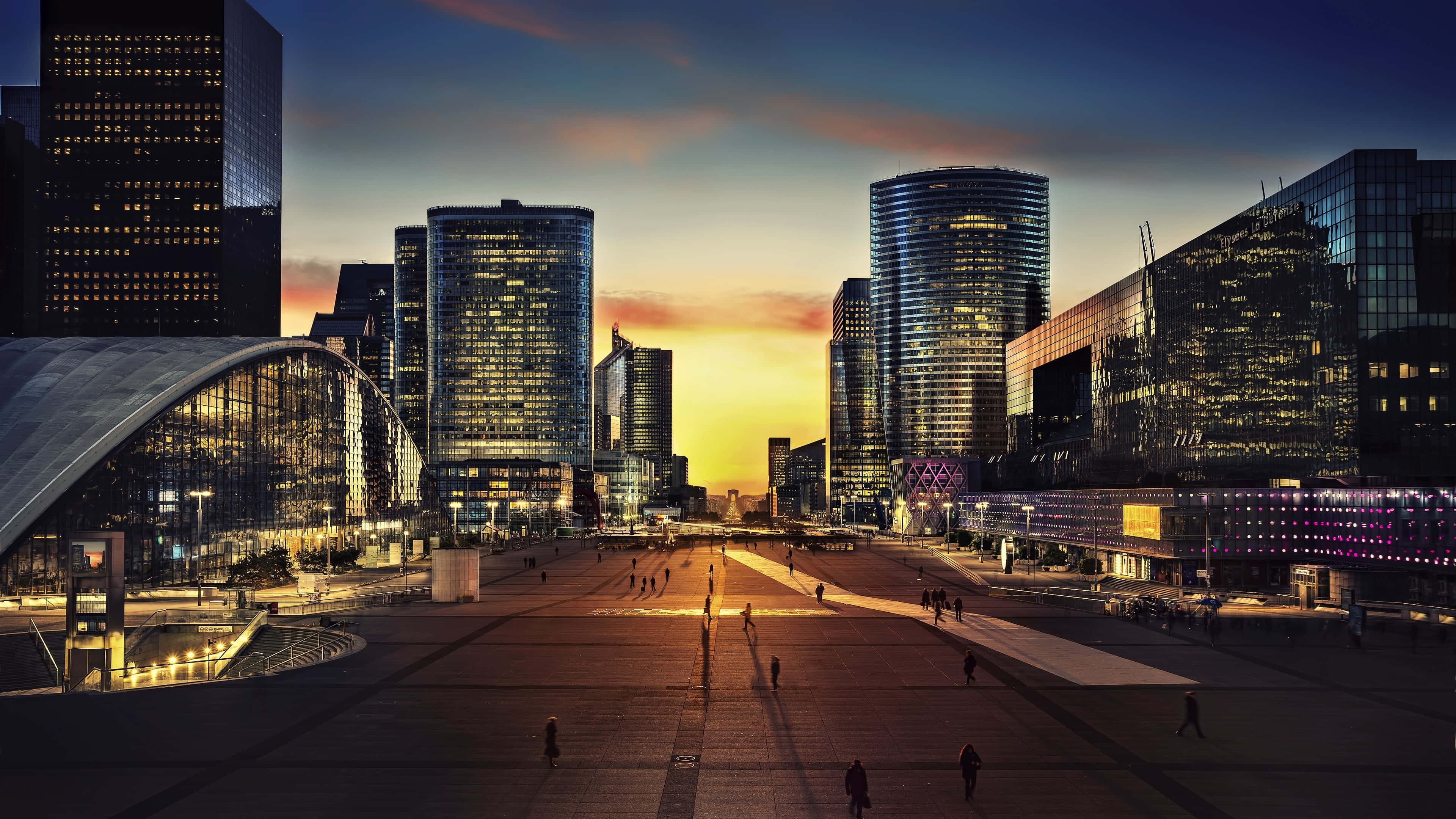 Paris, sunset, glass skyscrapers, 4K Desktop Wallpaper