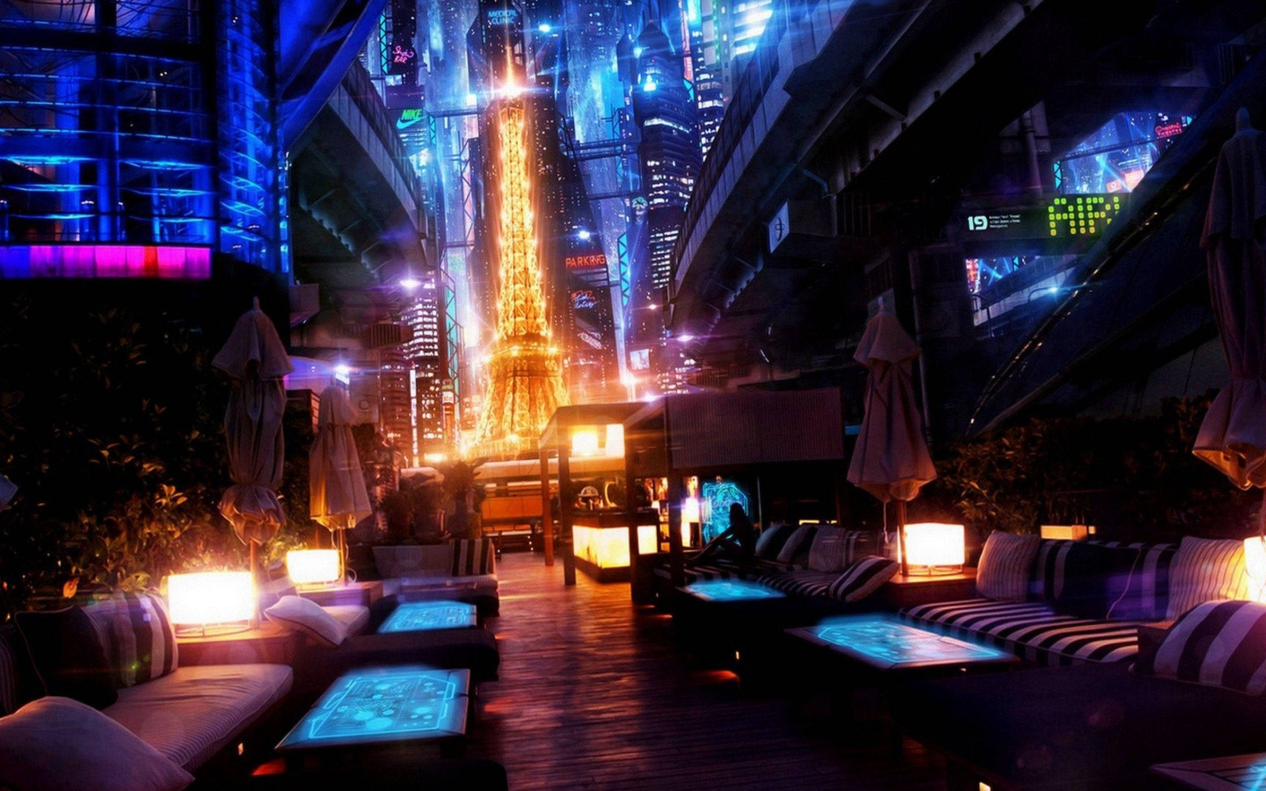 Cyberpunk City, Paris, neon-lit rooftop lounge, 2K Desktop Wallpaper