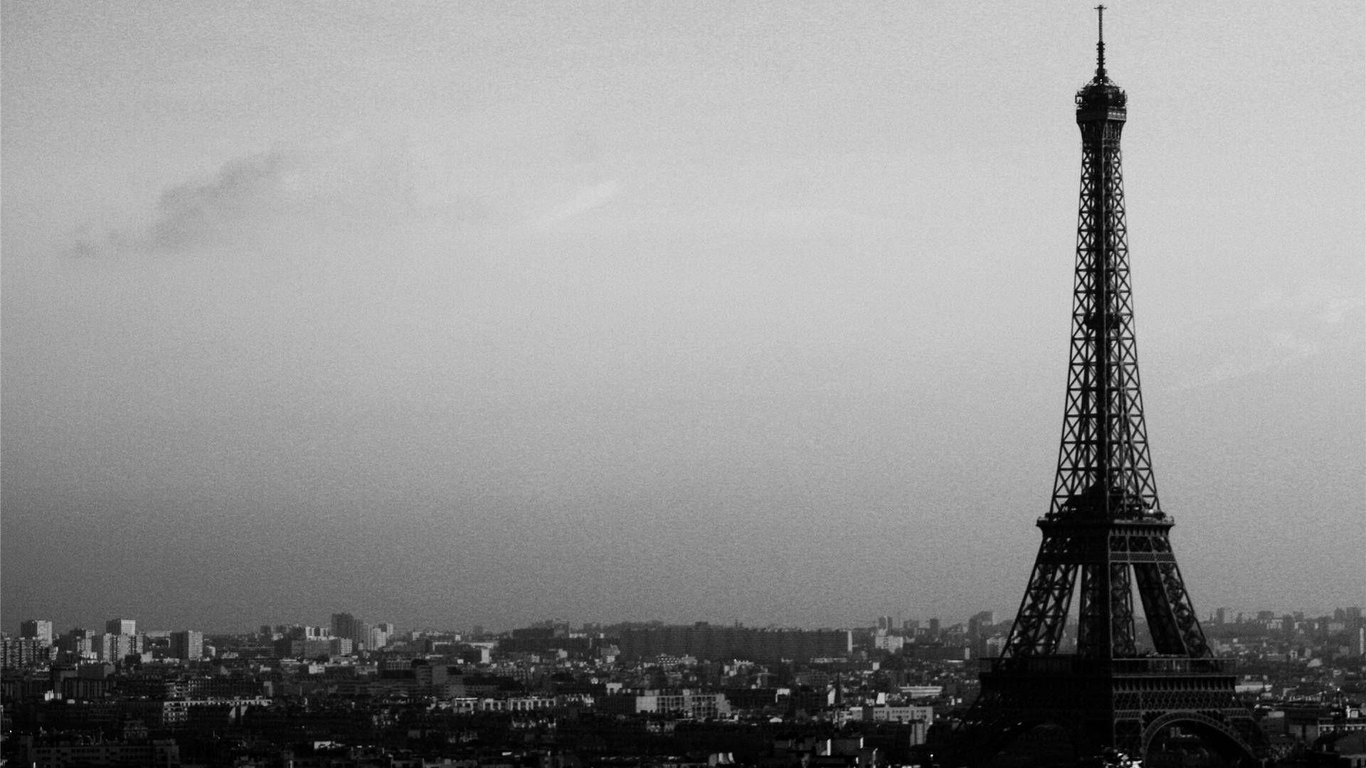 Paris Eiffel Tower, black and white, silhouette, Full HD Desktop Wallpaper