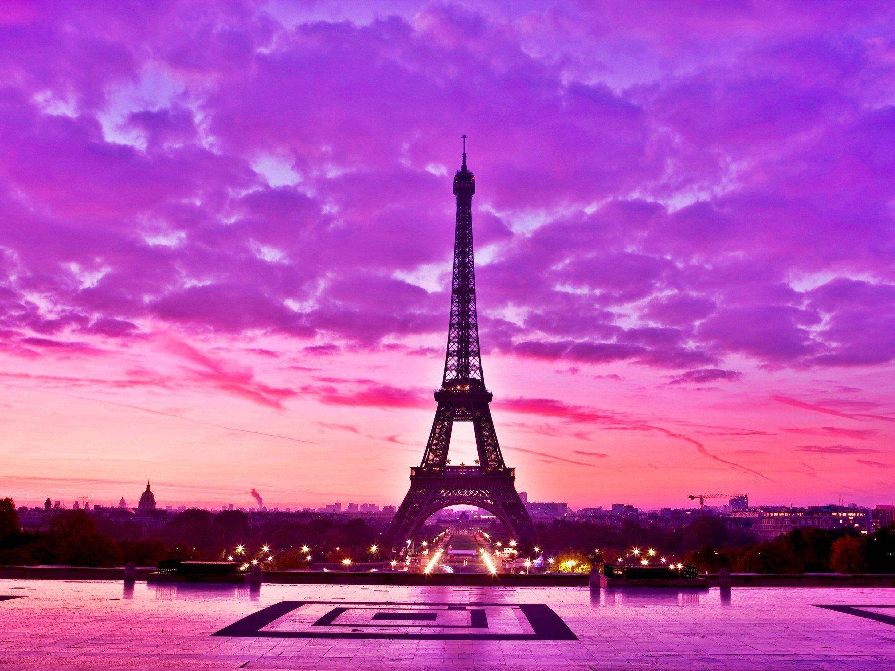 Paris Eiffel Tower, vibrant purple, pink sunset sky, HD Desktop Wallpaper