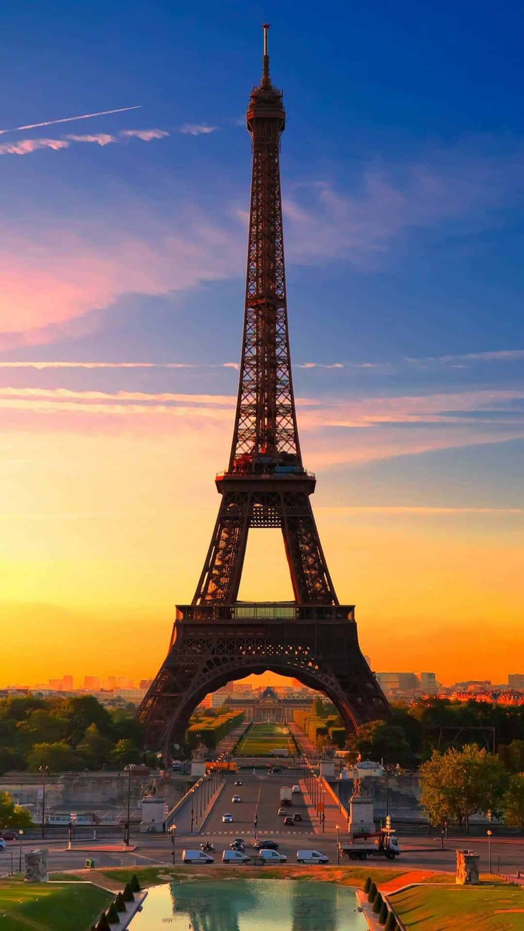 Eiffel Tower, vibrant sunset sky, golden light, Full HD Phone Wallpaper