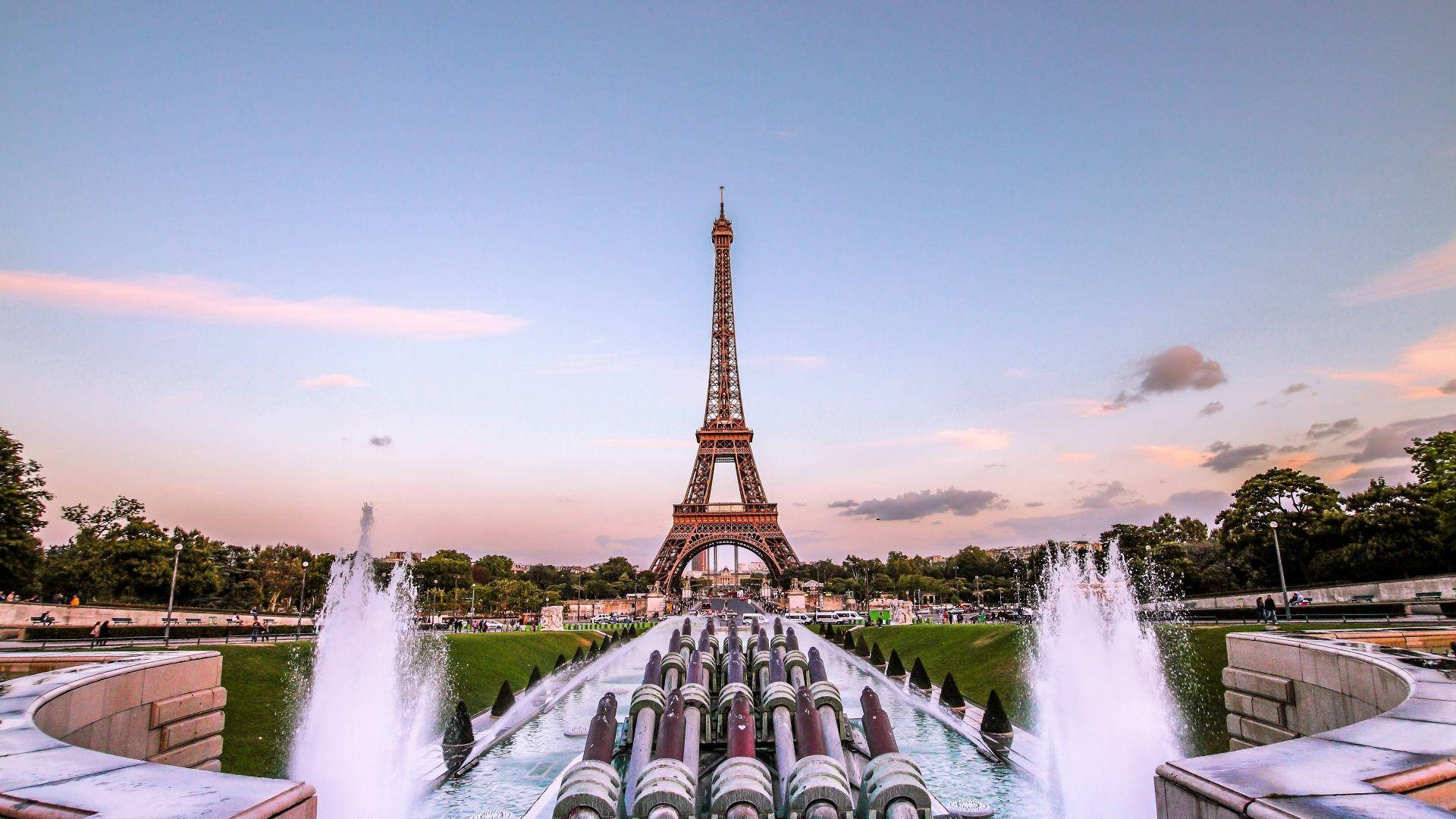 Eiffel Tower, Paris, pink and blue sunset sky, Full HD Desktop Wallpaper