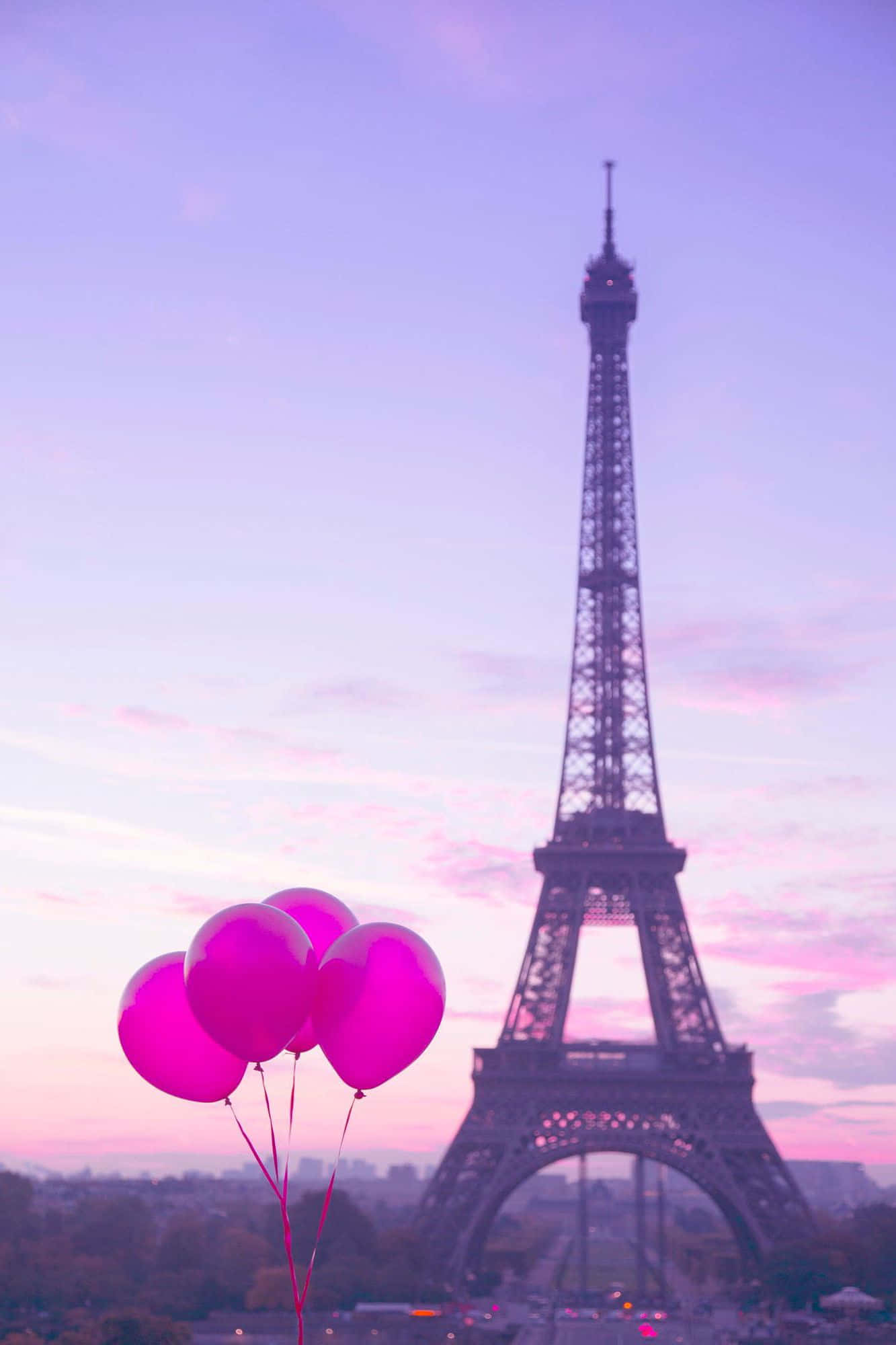 Paris Eiffel Tower, pink balloons, twilight, Full HD Phone Wallpaper