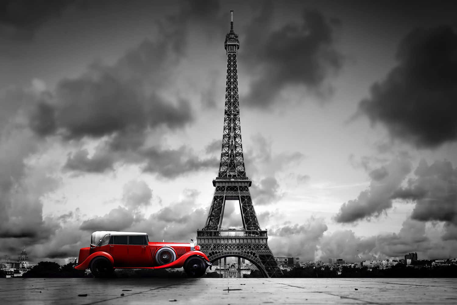 Eiffel Tower, vintage car, red, HD Desktop Wallpaper