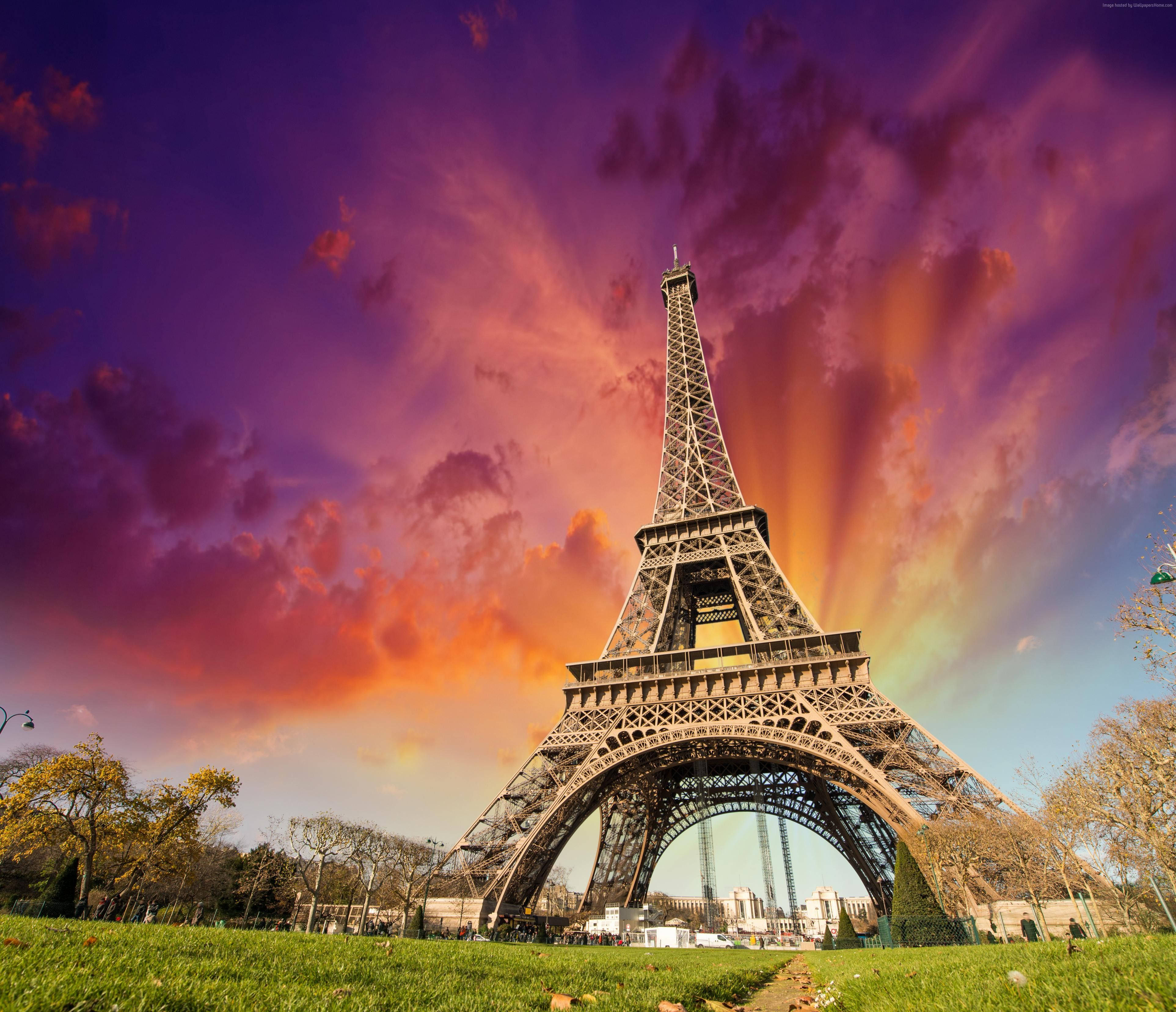 Paris Eiffel Tower, purple, orange, 4K Desktop Wallpaper