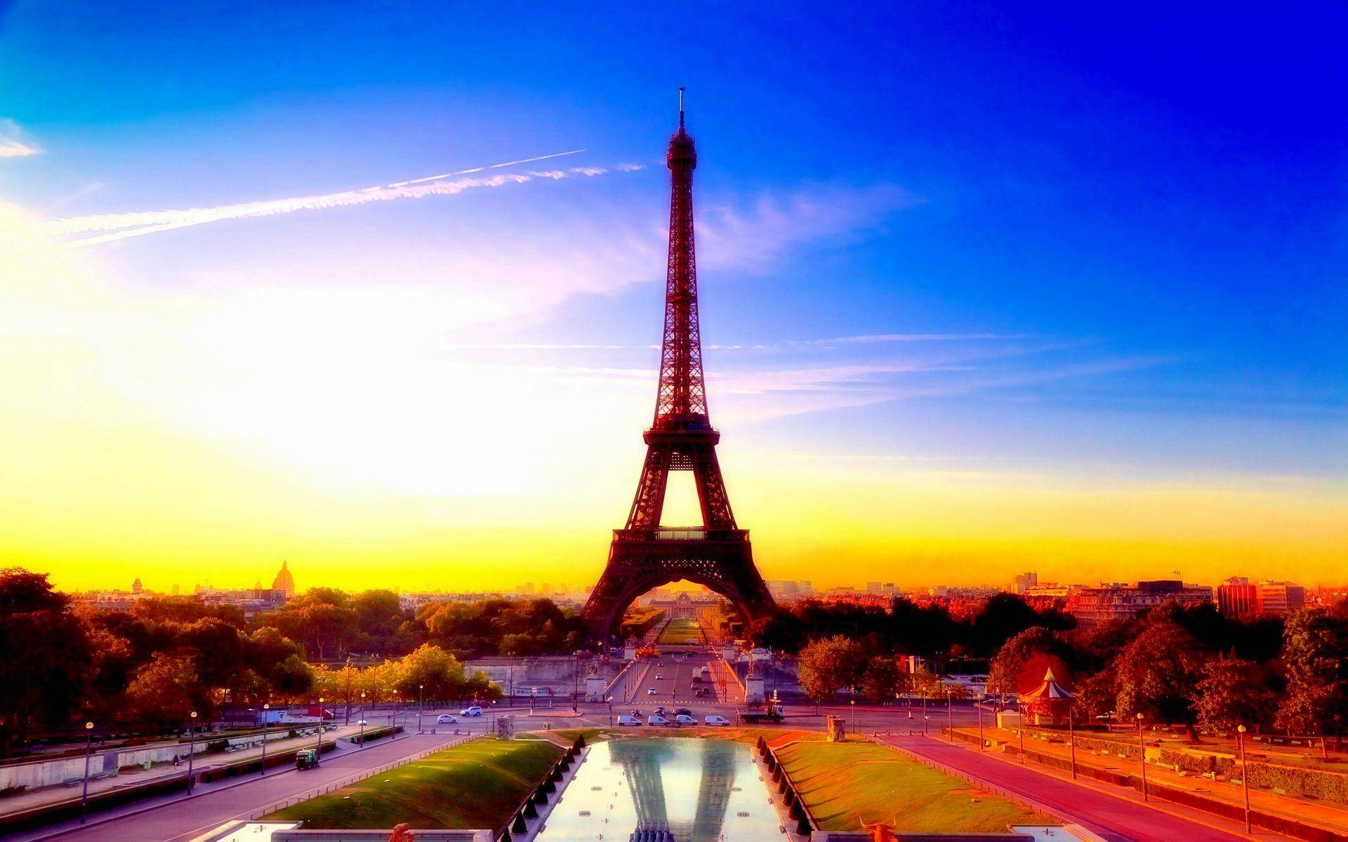 Eiffel Tower, Paris, sunset, Full HD Desktop Wallpaper