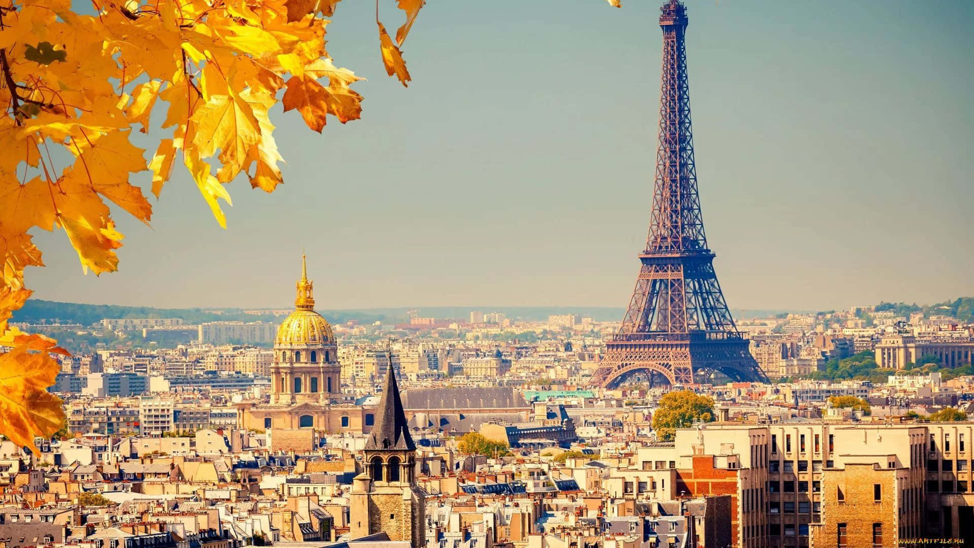 Paris, Eiffel Tower, golden autumn leaves, Full HD Desktop Wallpaper