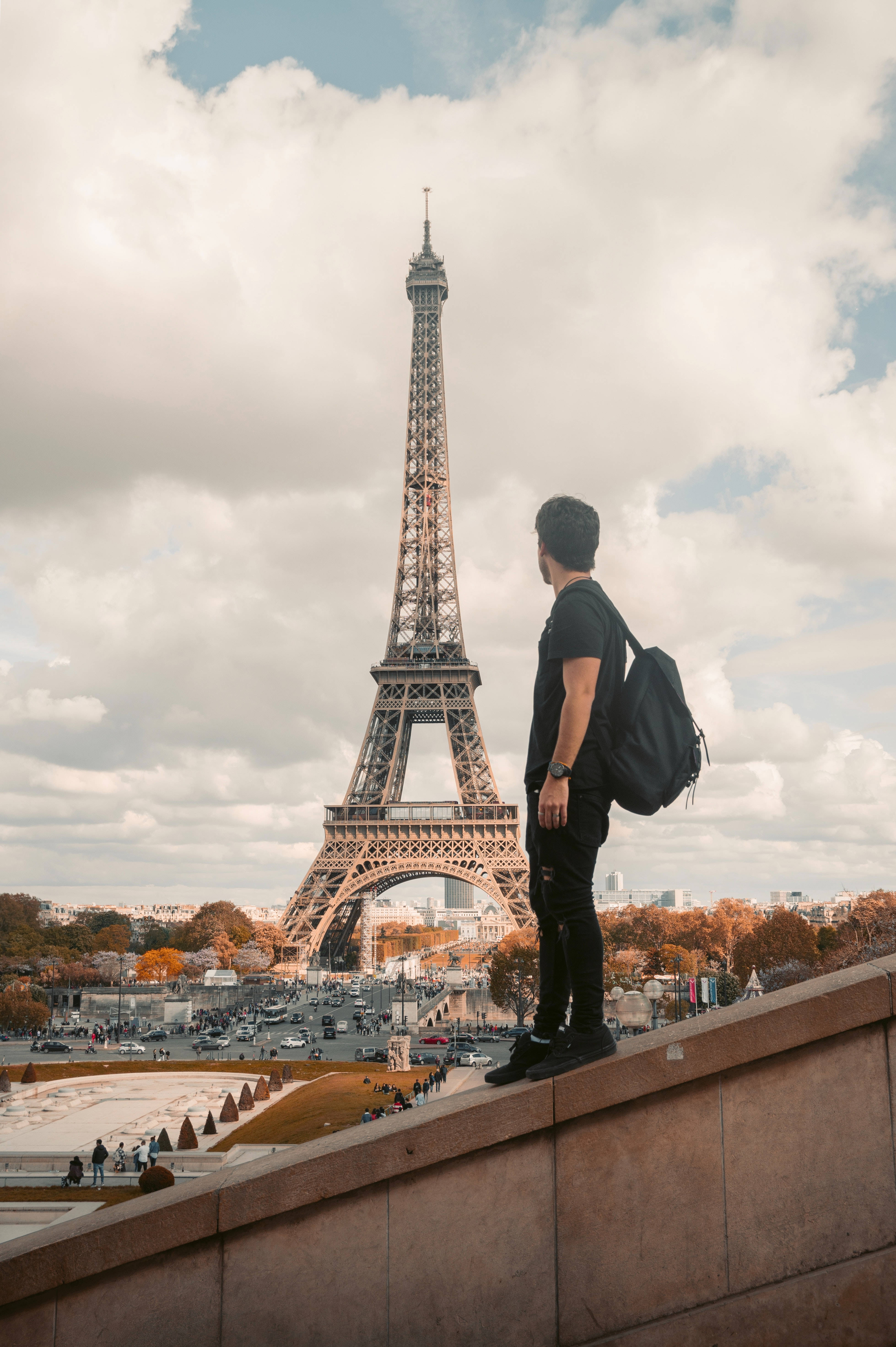 Eiffel Tower, Parisian sky, stone ledge, 5K Phone Wallpaper